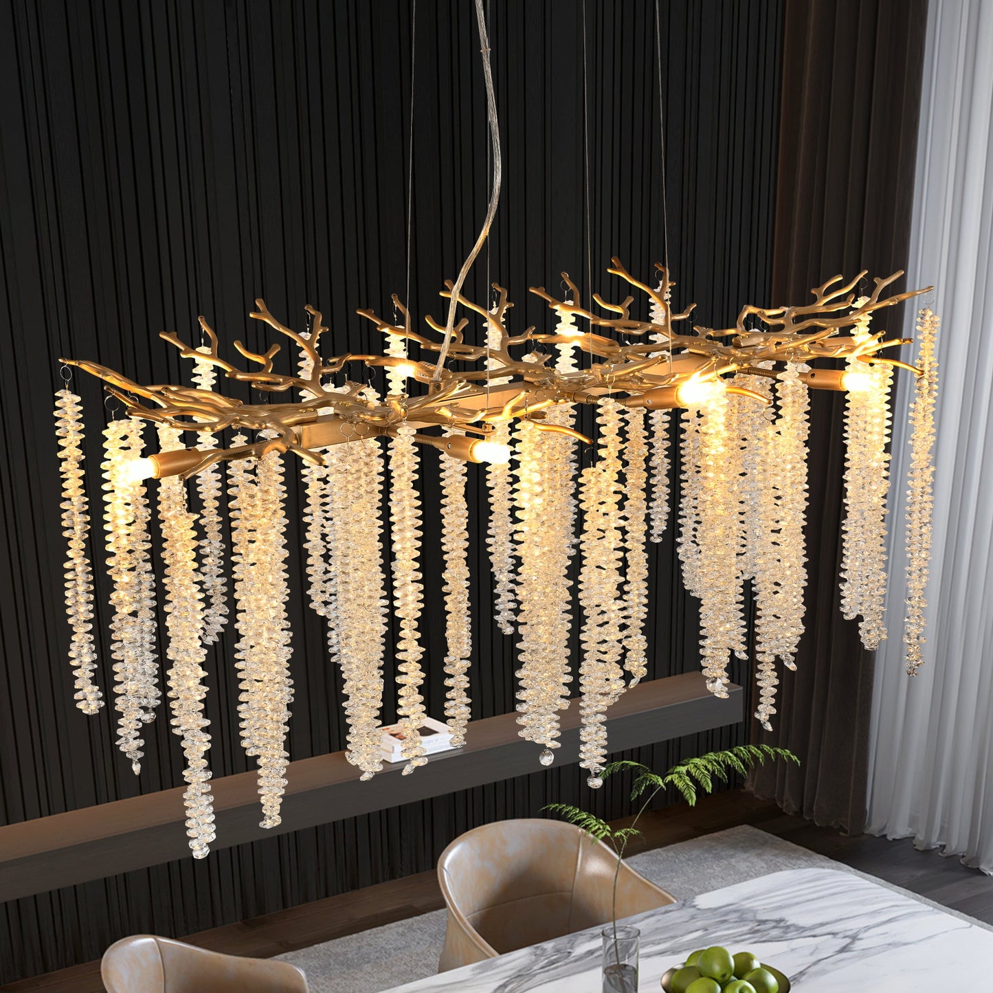 39.4-Inch Modern Golden Pendant Light With Cascading Crystal Strands, Ideal for Living Room, Dining Room and Foyer