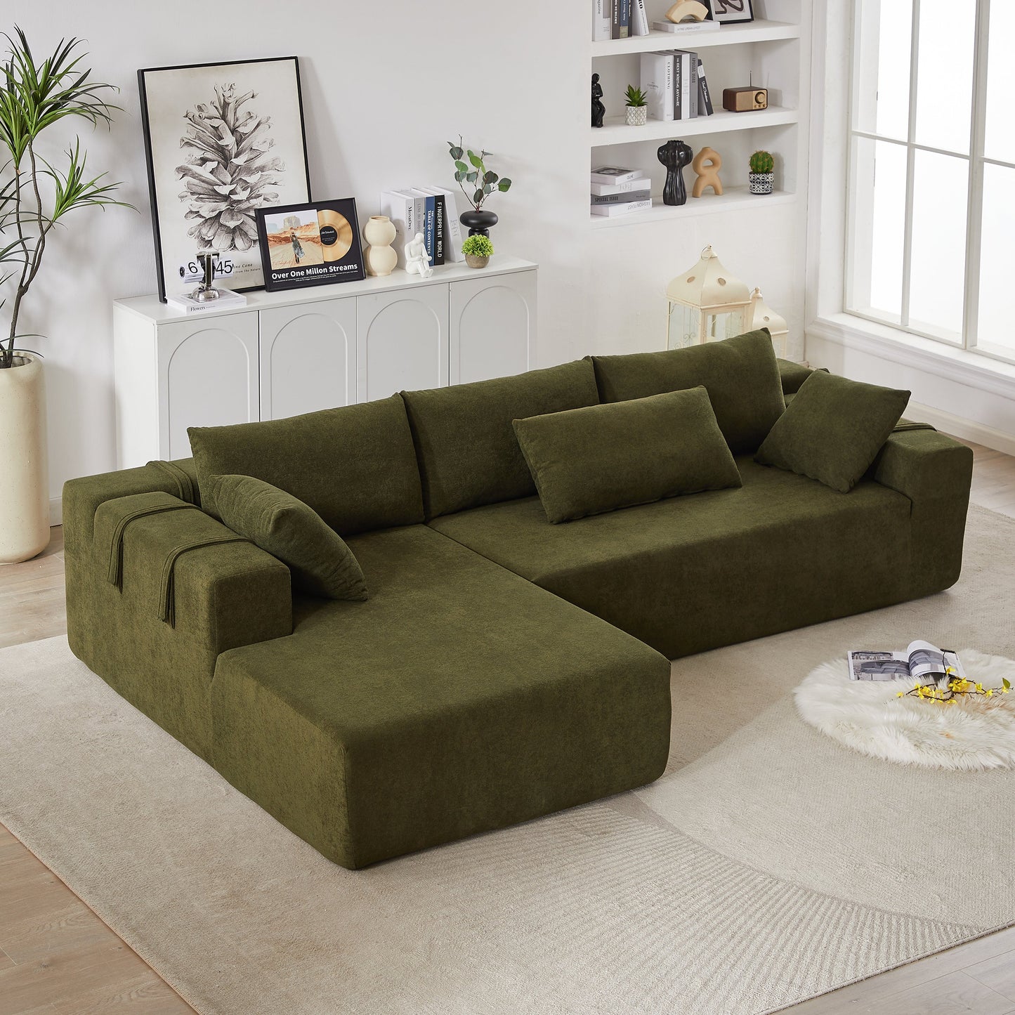 Modern Chenille Upholstered Sectional Sofa Couch Set,Modular 108" L Shaped Sectional Living Room Sofa Set With 6 Pillows