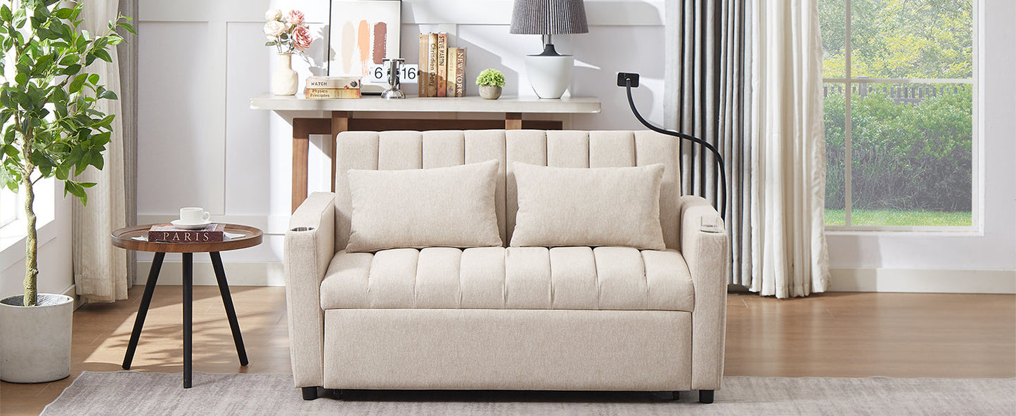 55.9" Convertible Sofa Bed Loveseat Sofa With Three USB Ports, Two Side Pockets, Two Cup Holders