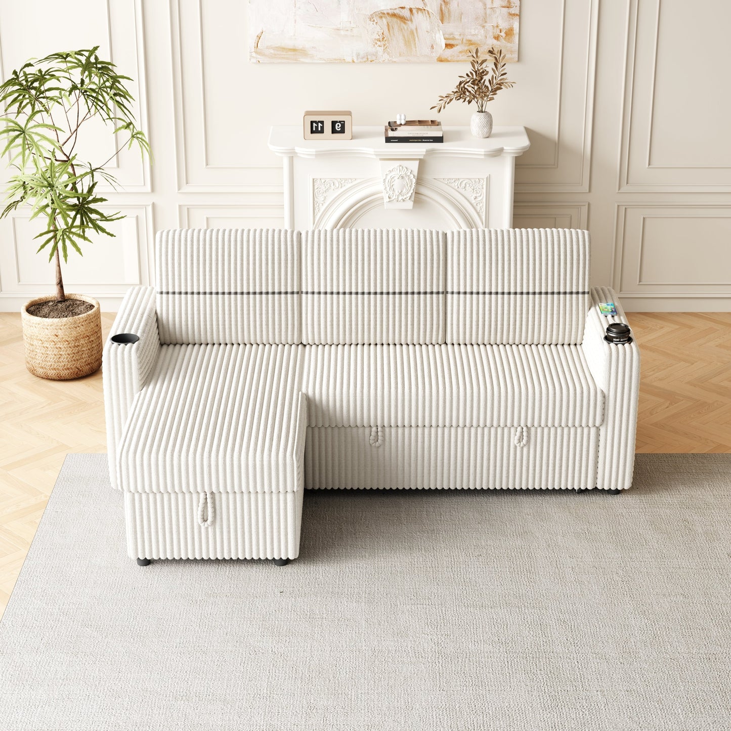 85 Inches Corduroy Sofa Bed, 3 Seater Sleeper Sofa With Storage Chaise, Square Handrail With Two Cup-Holder and USB Charger