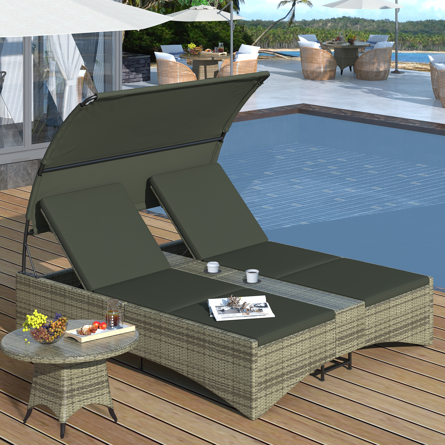 Patio Daybed Outdoor Daybed Outdoor Rattan Sun Lounger With Shelter Roof With Adjustable Backrest, Storage Box