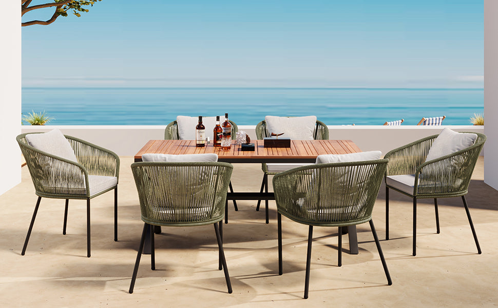 7 Pieces Patio Dining Set, All-Weather Outdoor Furniture Set With Dining Table and Chairs, Acacia Wood Tabletop