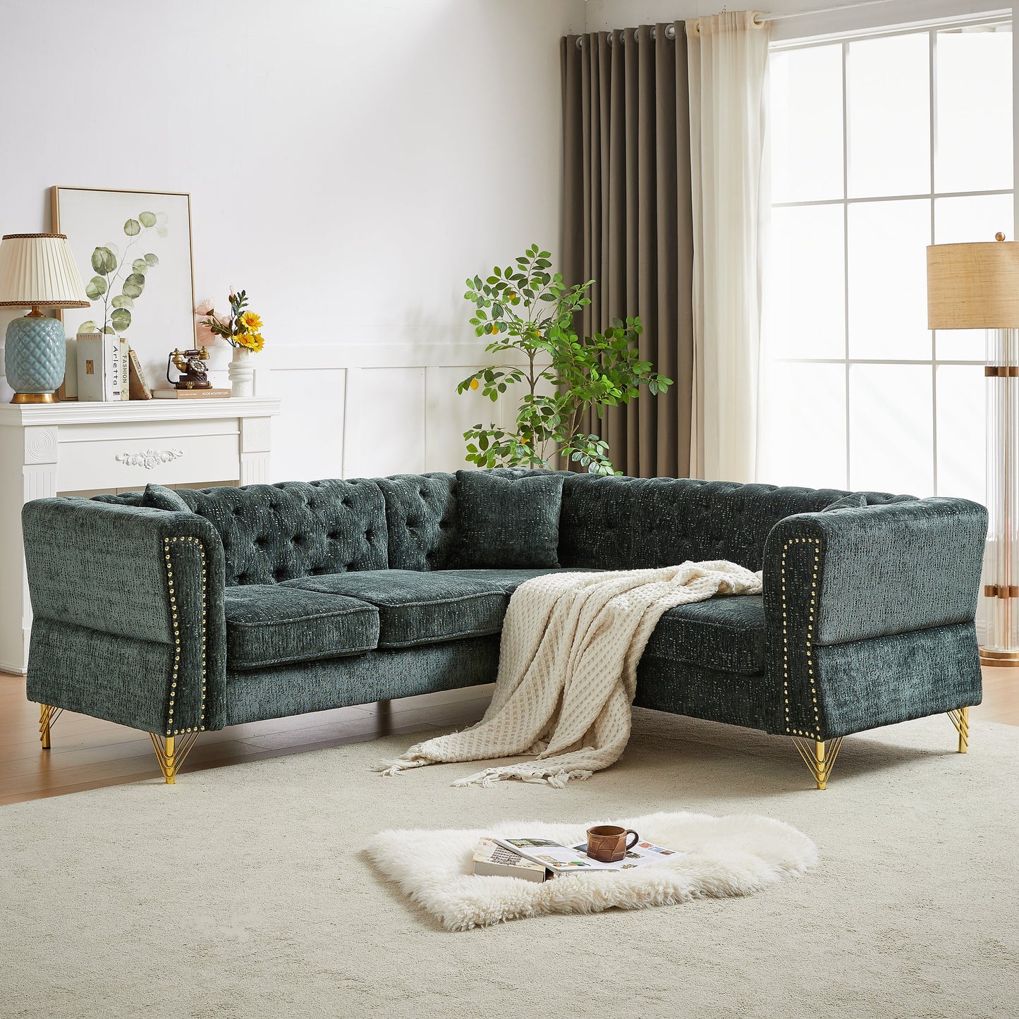 81.5-Inch Chenille Corner Sofa , L-Shaped Sectional Couch, 5-Seater Corner Sofas With 3 Cushions for Living Room, Bedroom