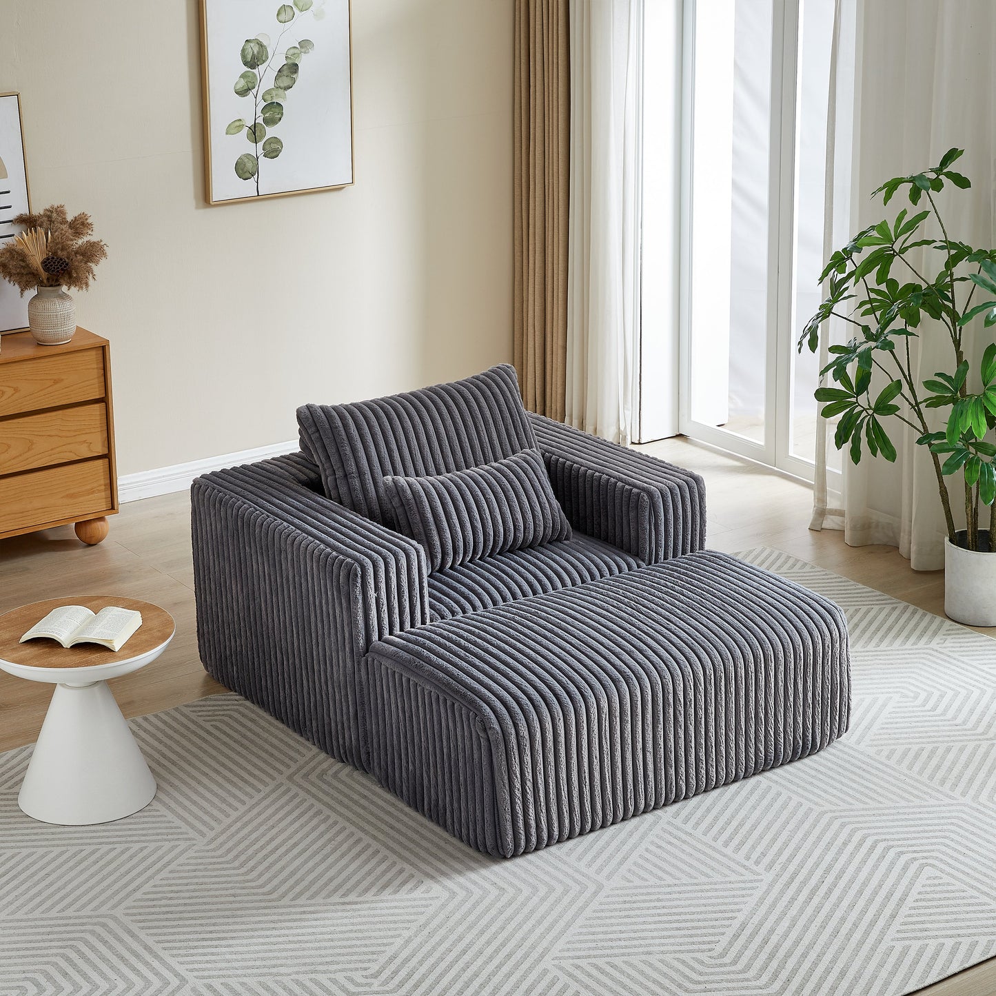 62.5-Inch Corduroy Sponge Sofa Lounge Chair With Removable Footrest,No Assembly Required,Fluffy Modern Sleeper Chair