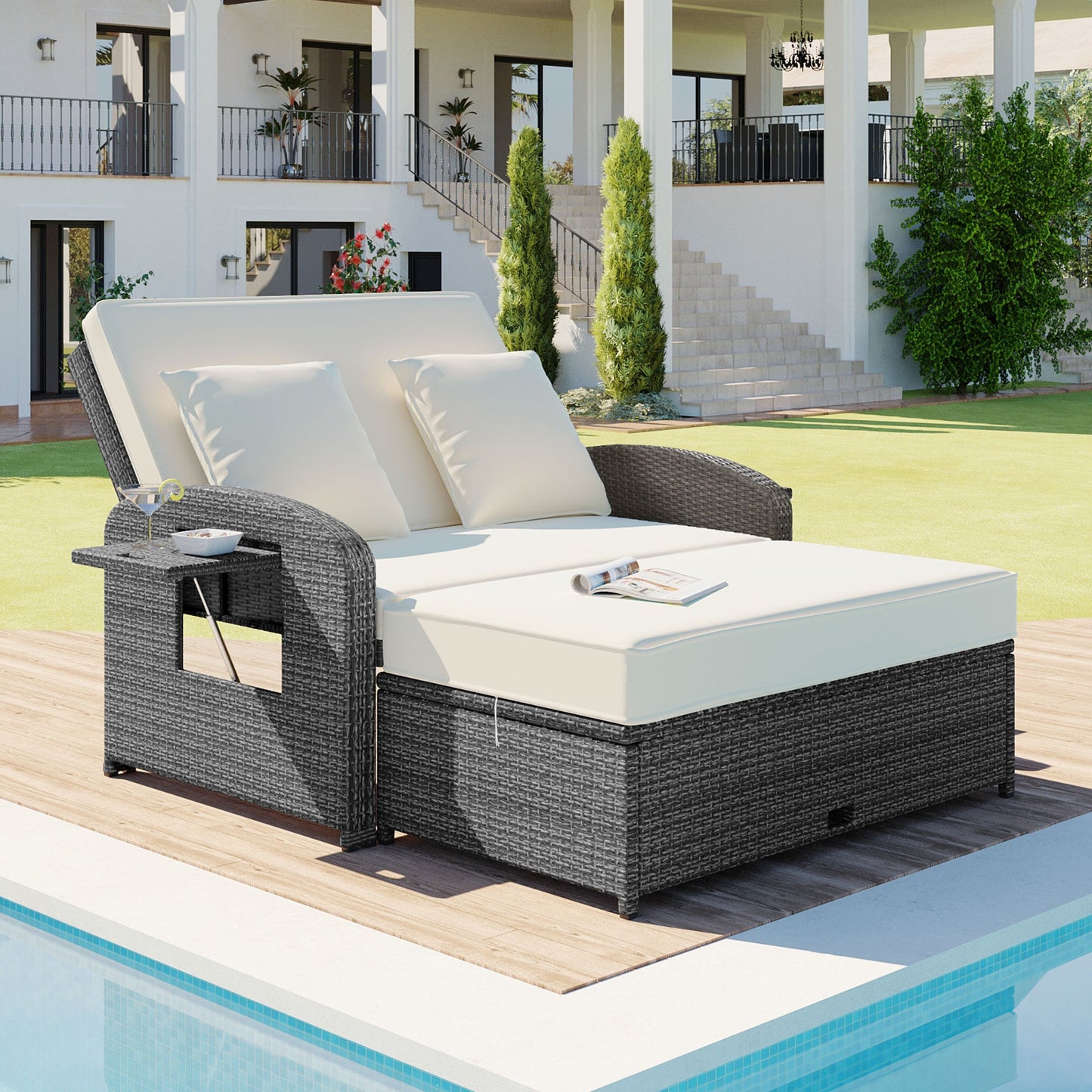 PE Wicker Rattan Double Chaise Lounge, 2-Person Reclining Daybed With Adjustable Back and Cushions