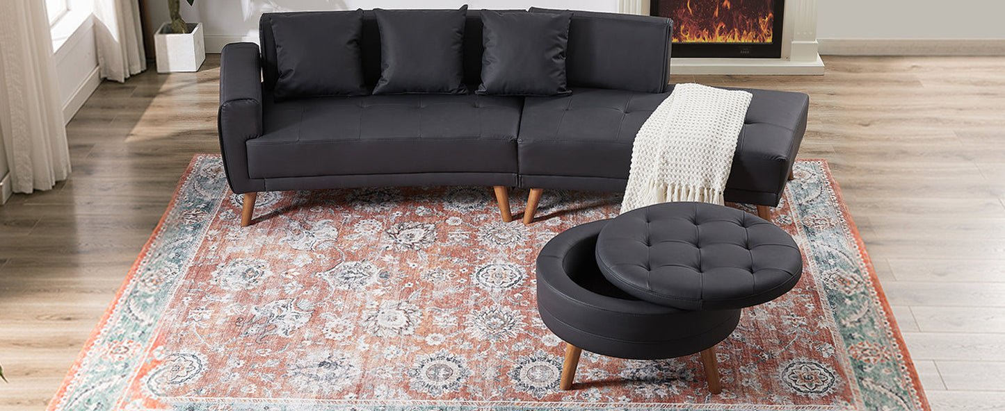 107" Contemporary Sofa Stylish Sofa Couch With a Round Storage Ottoman and Three Removable Pillows for Living Room, Black