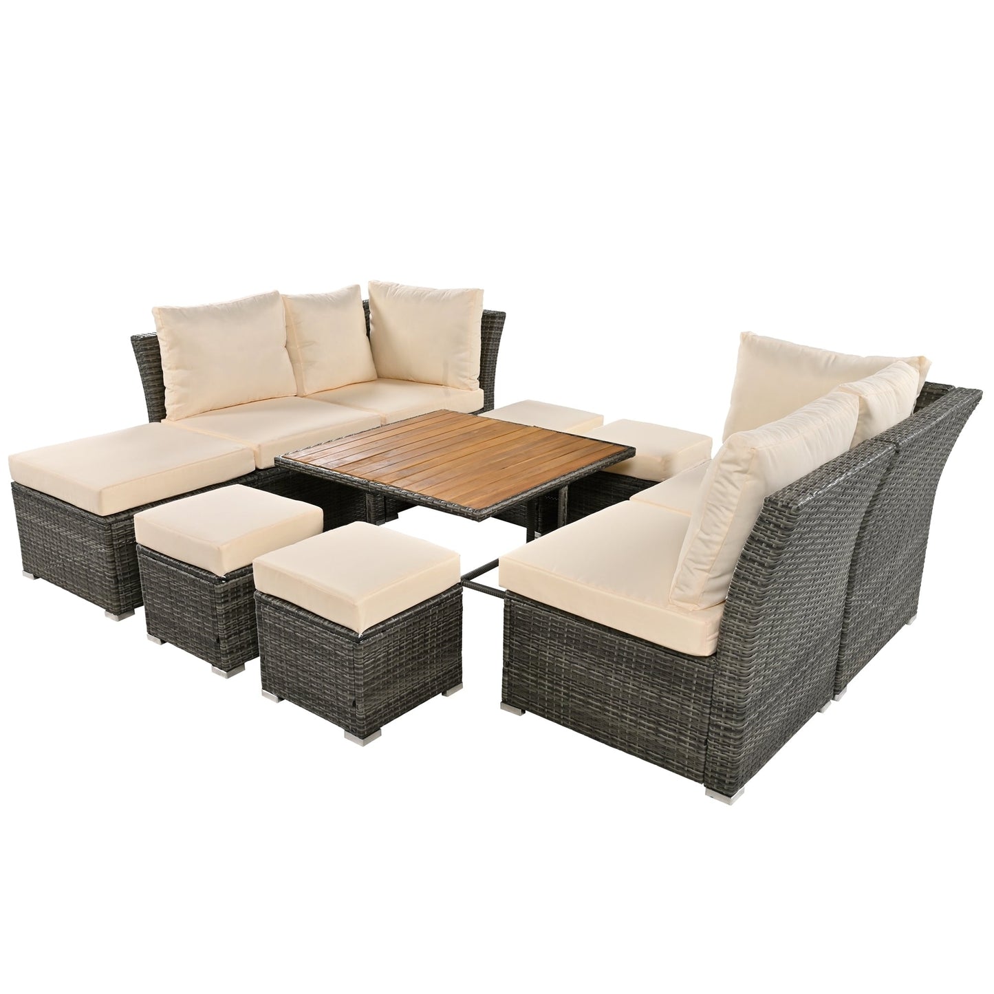 Patio Furniture Set, 10 Piece Outdoor Conversation Set, CoffeeTable With Ottomans, Solid Wood Coffee Table