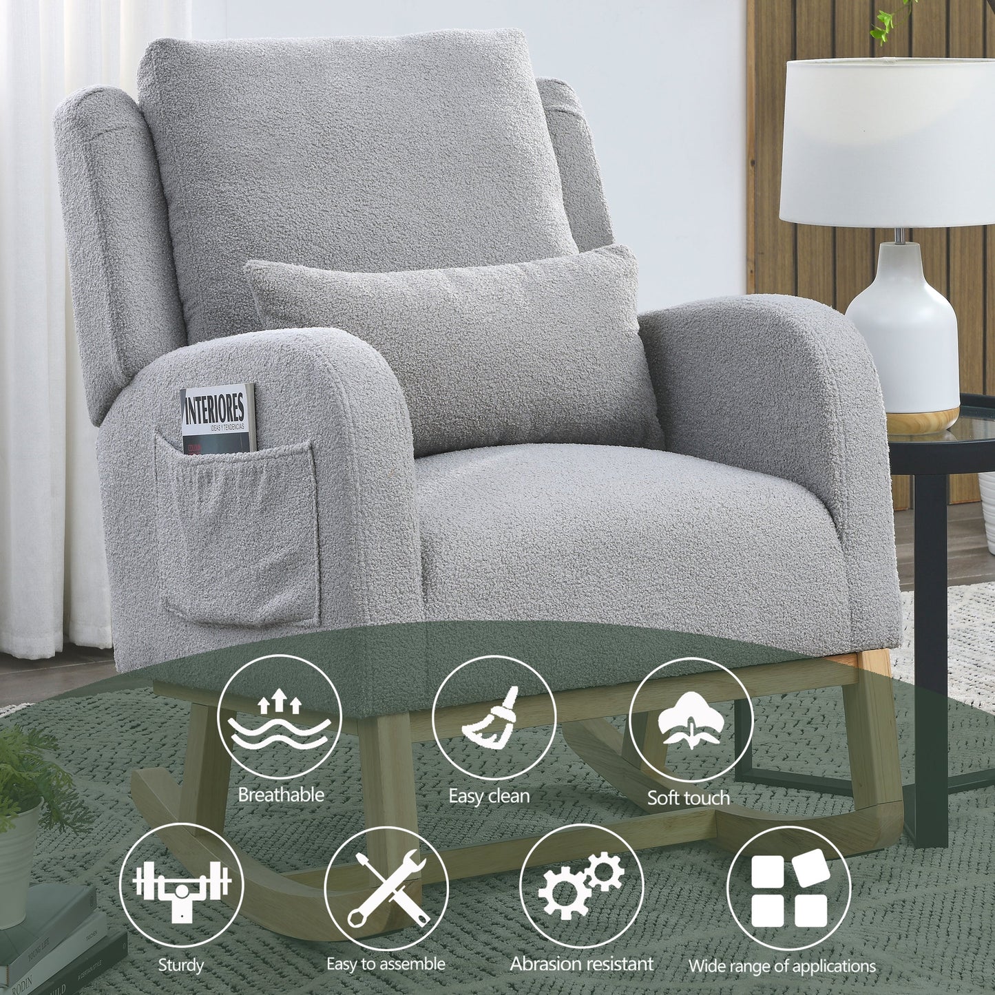 27.5 "W Modern Accent High Back Living Room Casual Armchair Rocker With One Lumbar Pillow, Two Side Pockets