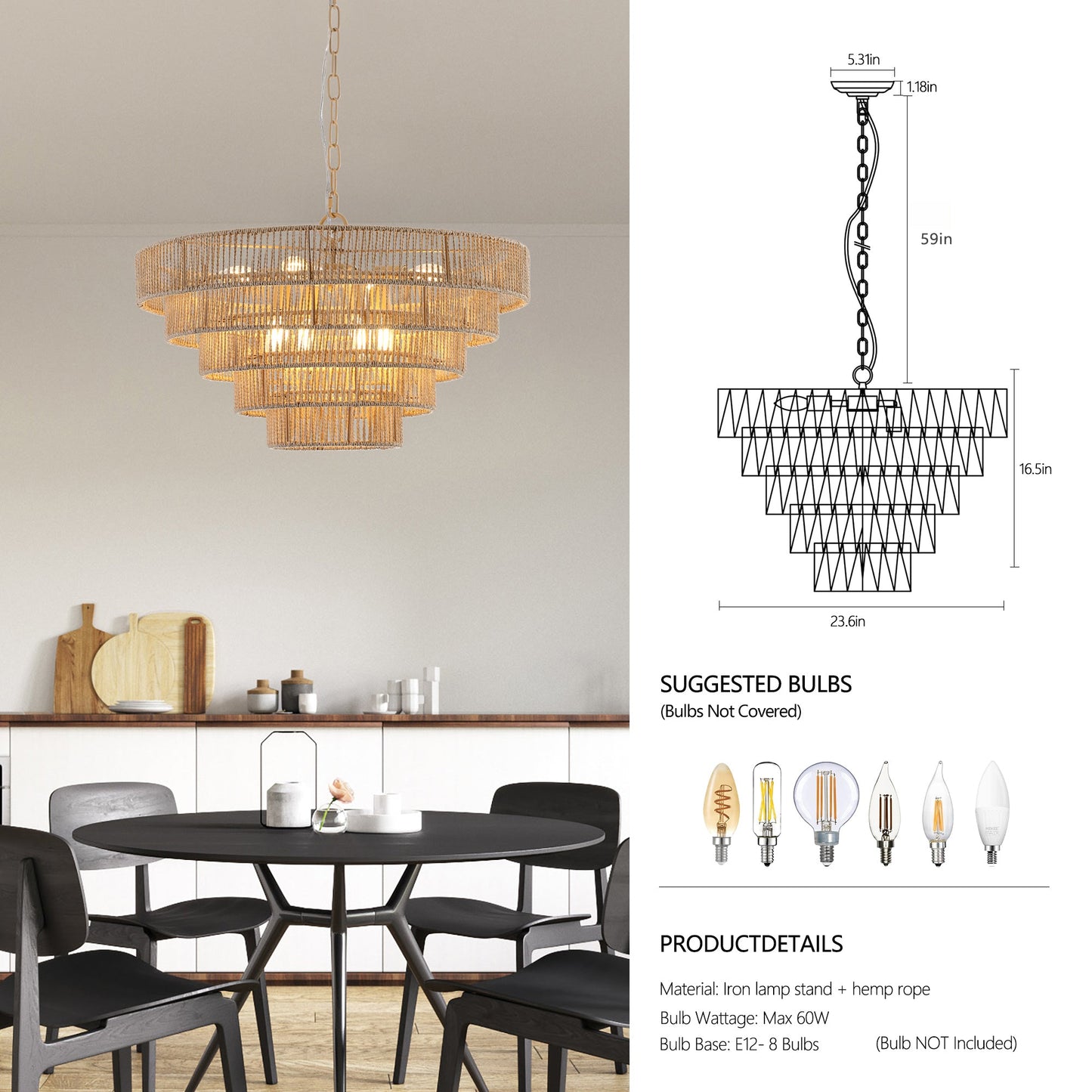 Bohemian Style Woven Pendant Light 23.6 Inch Rattan Ligh Large Rattan Pendant Light