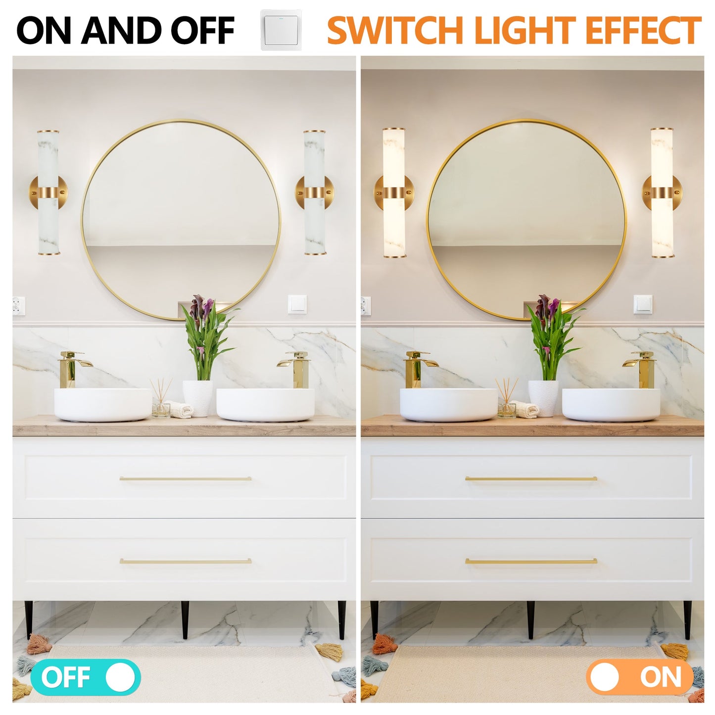 Golden and Elegant Resin Wall Sconce,Set of 2,Modern Vertical Light Fixture for Bathrooms, Hallways, and Bedrooms