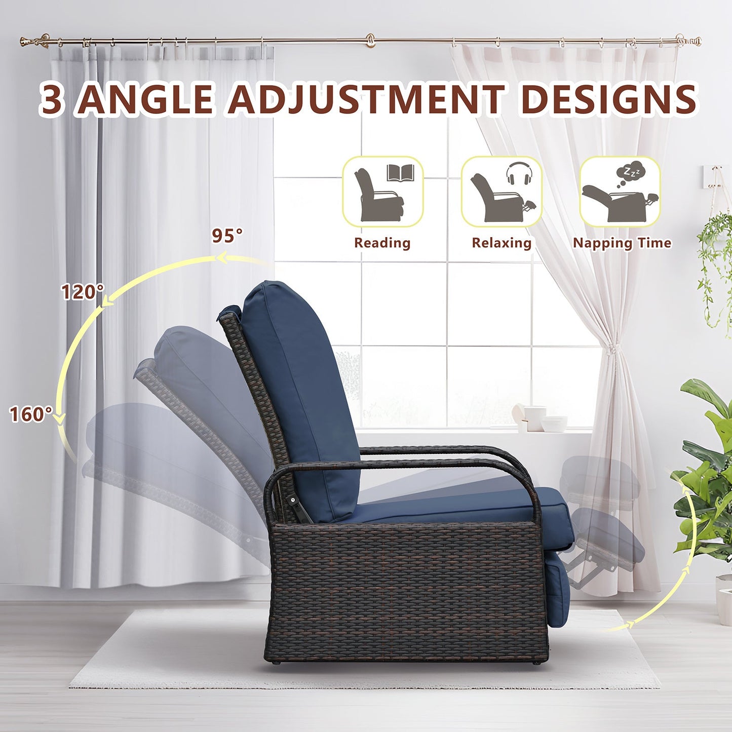 Outdoor Recliner Chair; Automatic Adjustable Wicker Lounge Recliner Chair With 5.12'' Thicken Cushion
