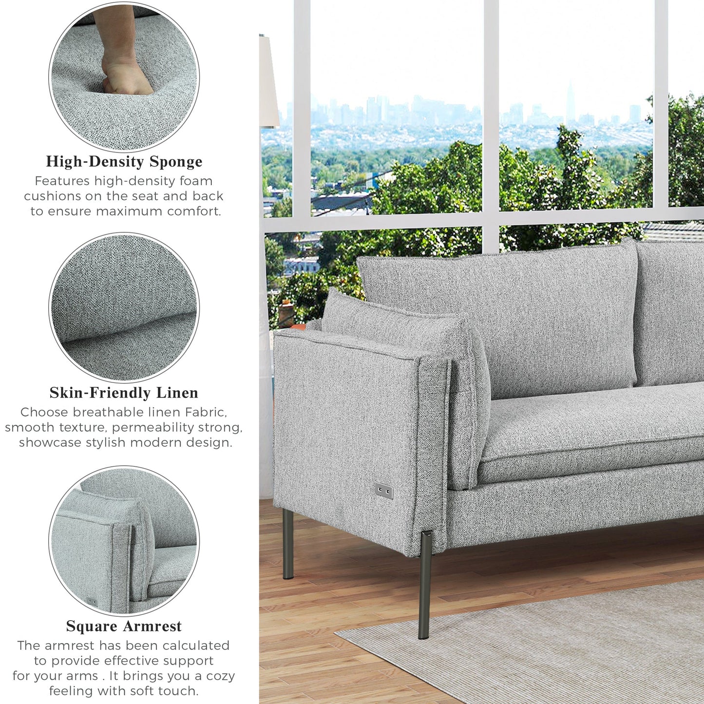 76.2" Modern Style 3 Seat Sofa Linen Fabric Upholstered Couch Furniture 3-Seats Couch for Different Spaces,Living Room
