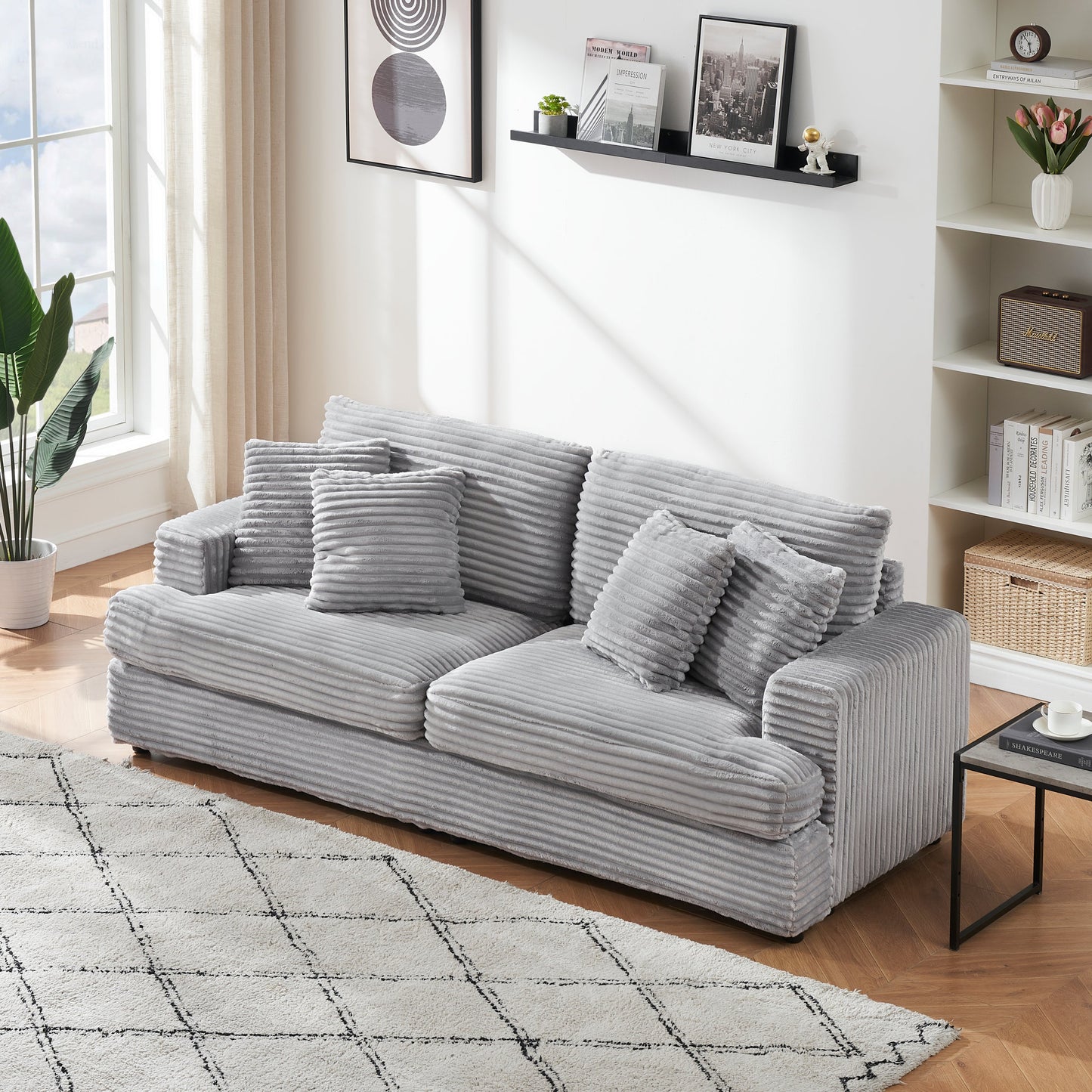 79.3 Inches Long, Corduroy Sofa, With 4 Matching Toss Pillows Sleek Design Spacious and Comfortable 3 Seater Couch