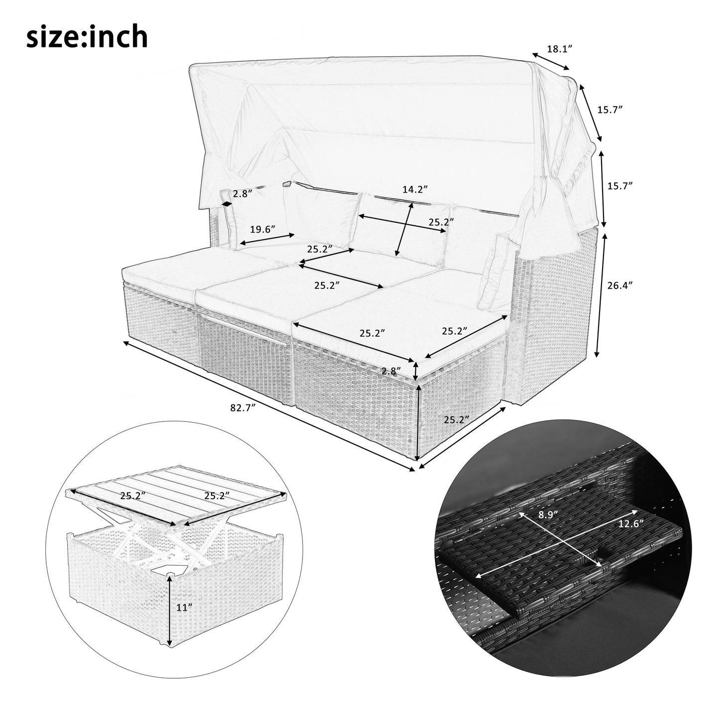 Outdoor Patio Rectangle Daybed With Retractable Canopy, Wicker Furniture Sectional Seating With Washable Cushions