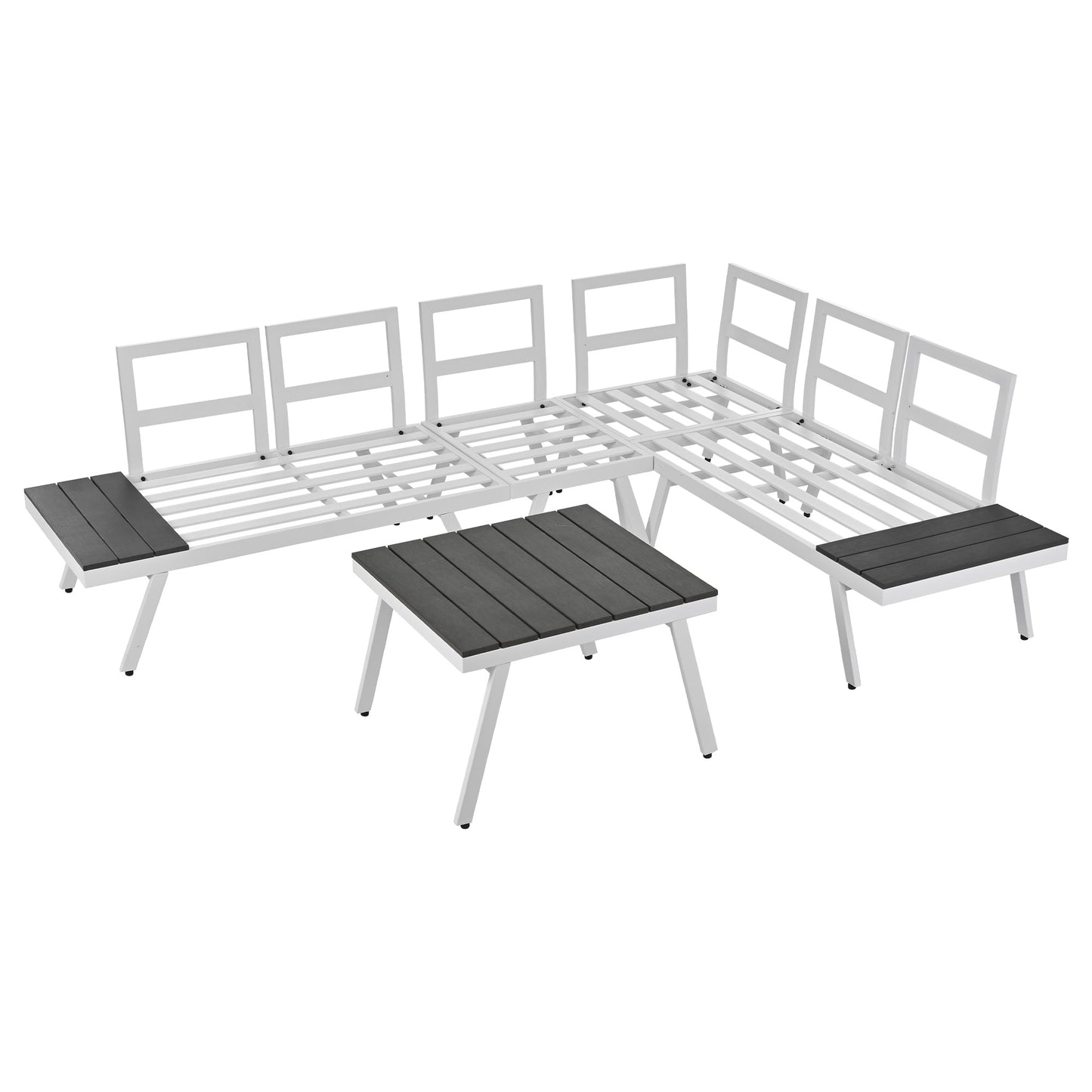 Industrial 5-Piece Aluminum Outdoor Patio Furniture Set, Modern Garden Sectional Sofa Set With End Tables, Coffee Table