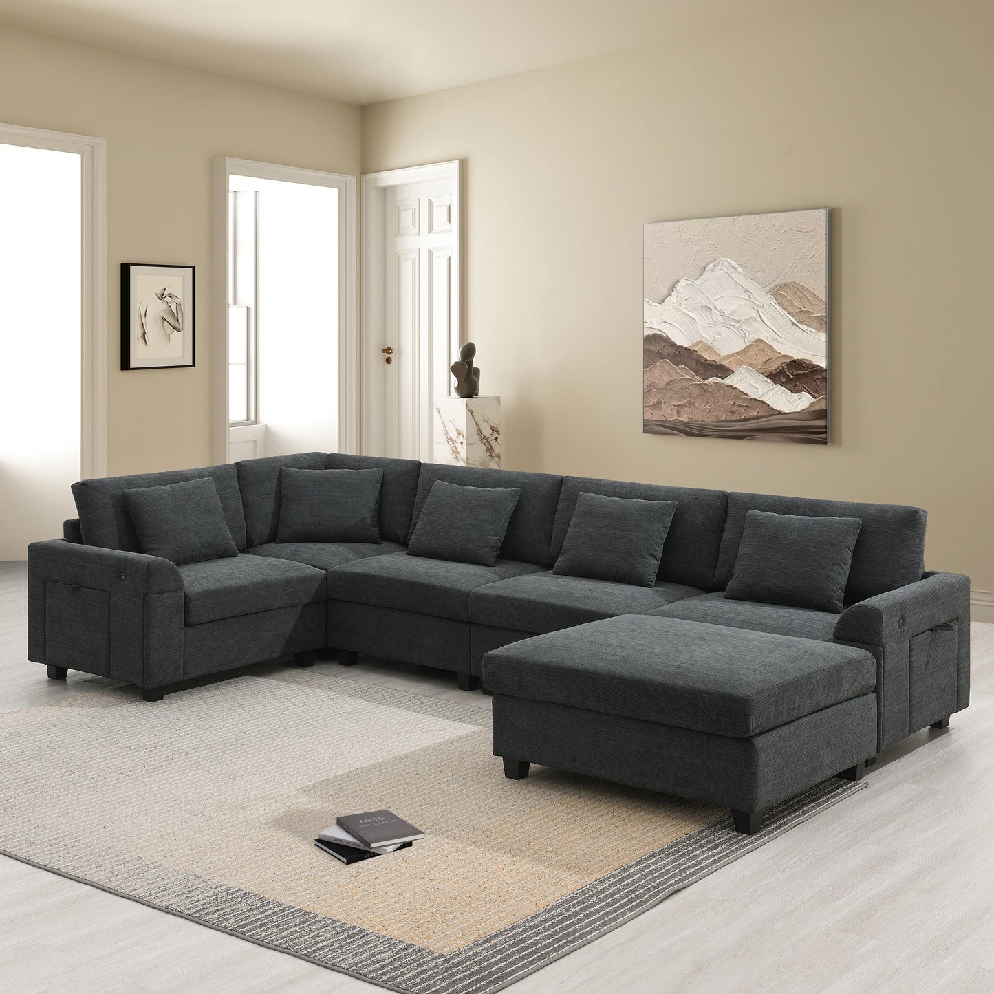 128*67" U Shaped Sectional Sofa,6 Seat Chenille Couch Set With Oversized Ottoman,Hidden Armrest Storage and Cup Holders