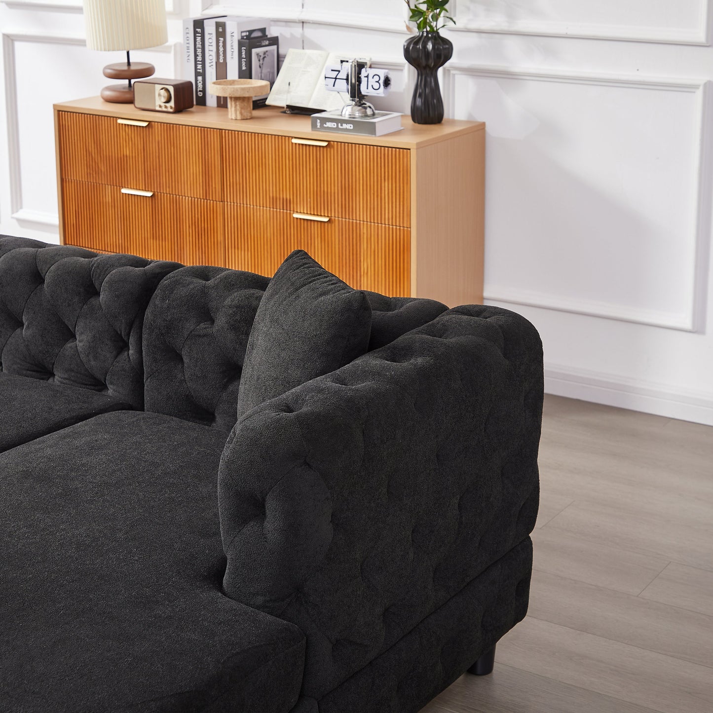 126-Inch Modern Style Chenille Three Piece Sofa, Pull Point Design U-Shaped Sofa Two Chaise Longue Seats, Two Pillows