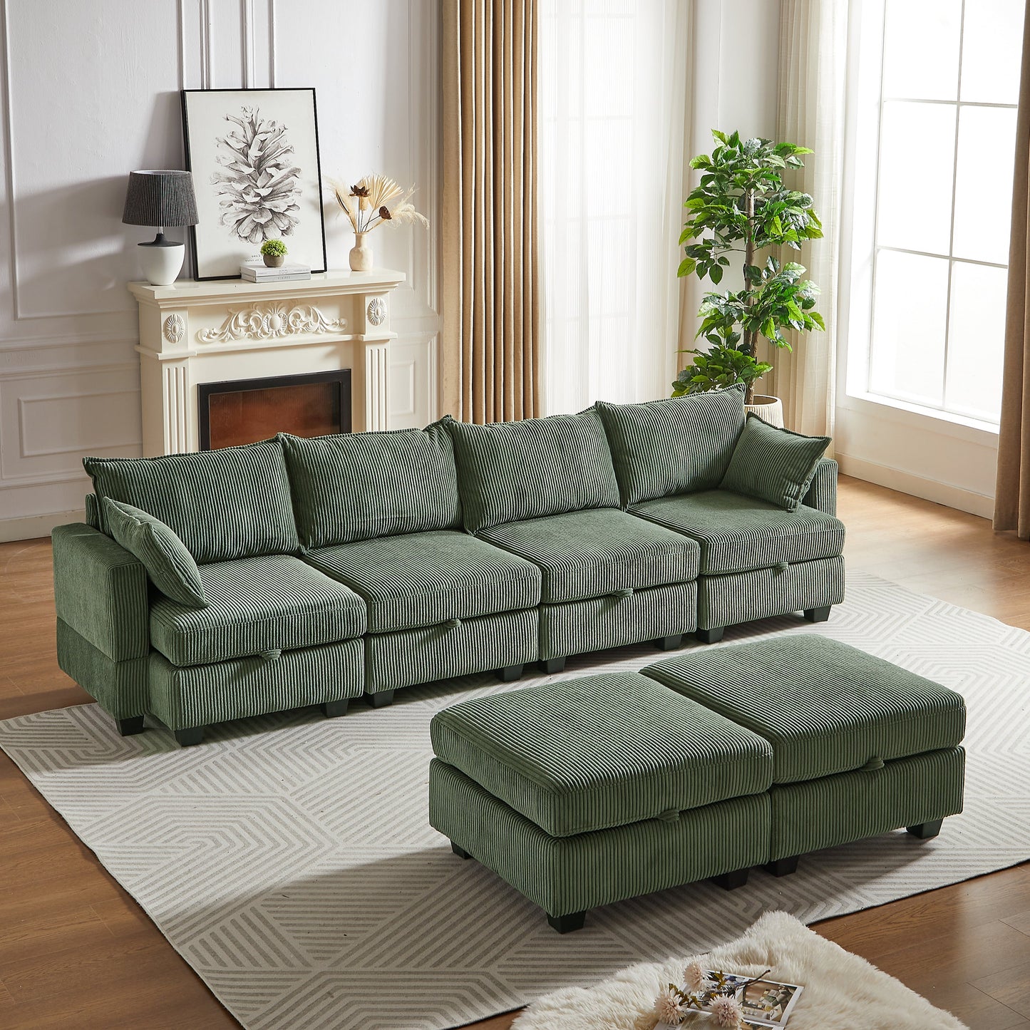 113.5'' Modular Sectiona Corduroy Sofa, Sectional Couches for Living Room U Shaped Sectional Couch With Storage Ottoman