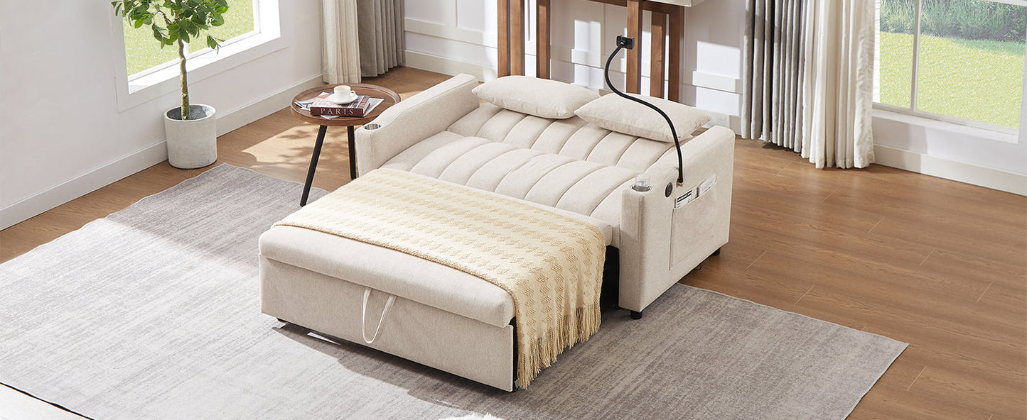 55.9" Convertible Sofa Bed Loveseat Sofa With Three USB Ports, Two Side Pockets, Two Cup Holders