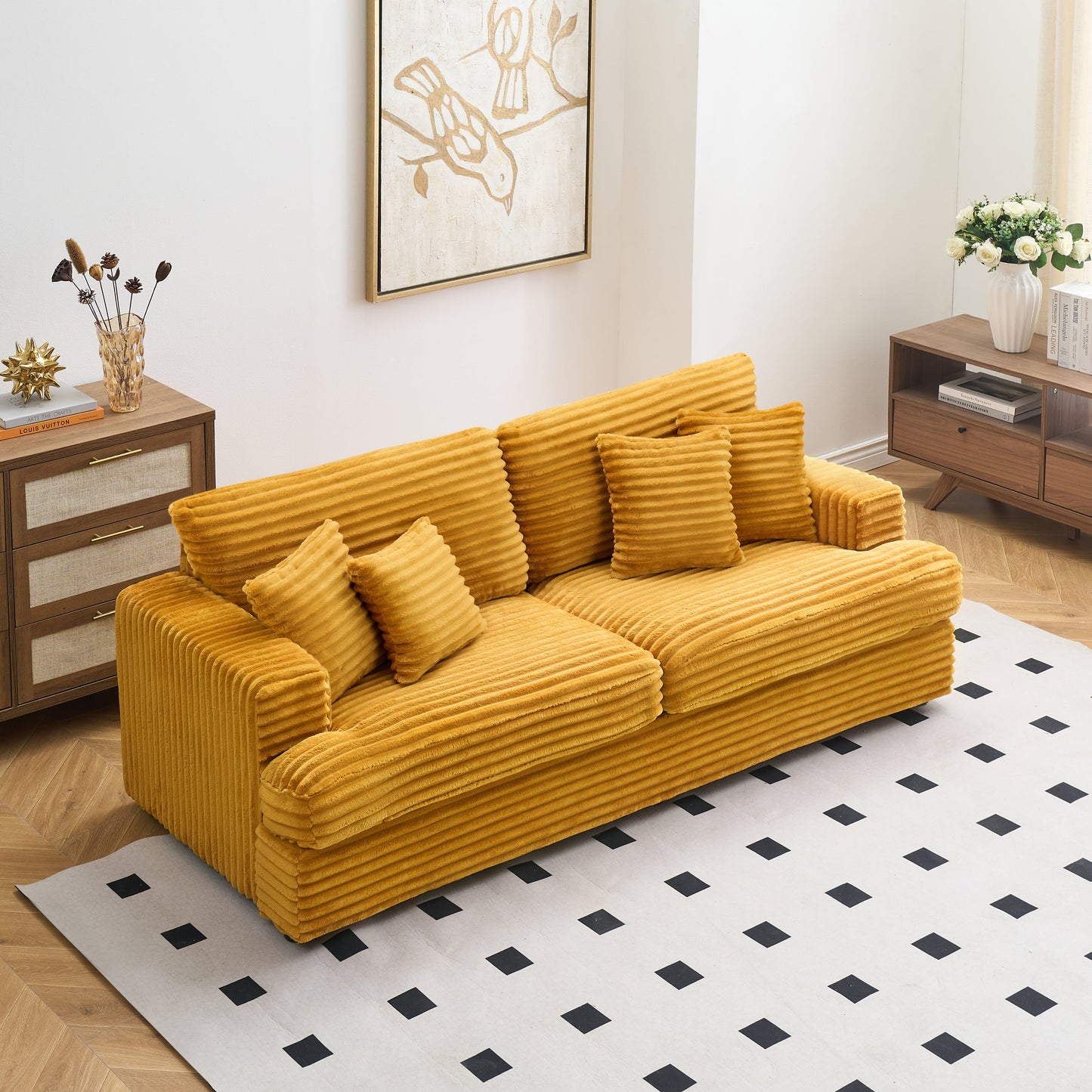 79.3 "Long, Corduroy Sofa With 4 Matching Pillows, Stylish Design Spacious and Comfortable 3-Seater Sofa Suitable
