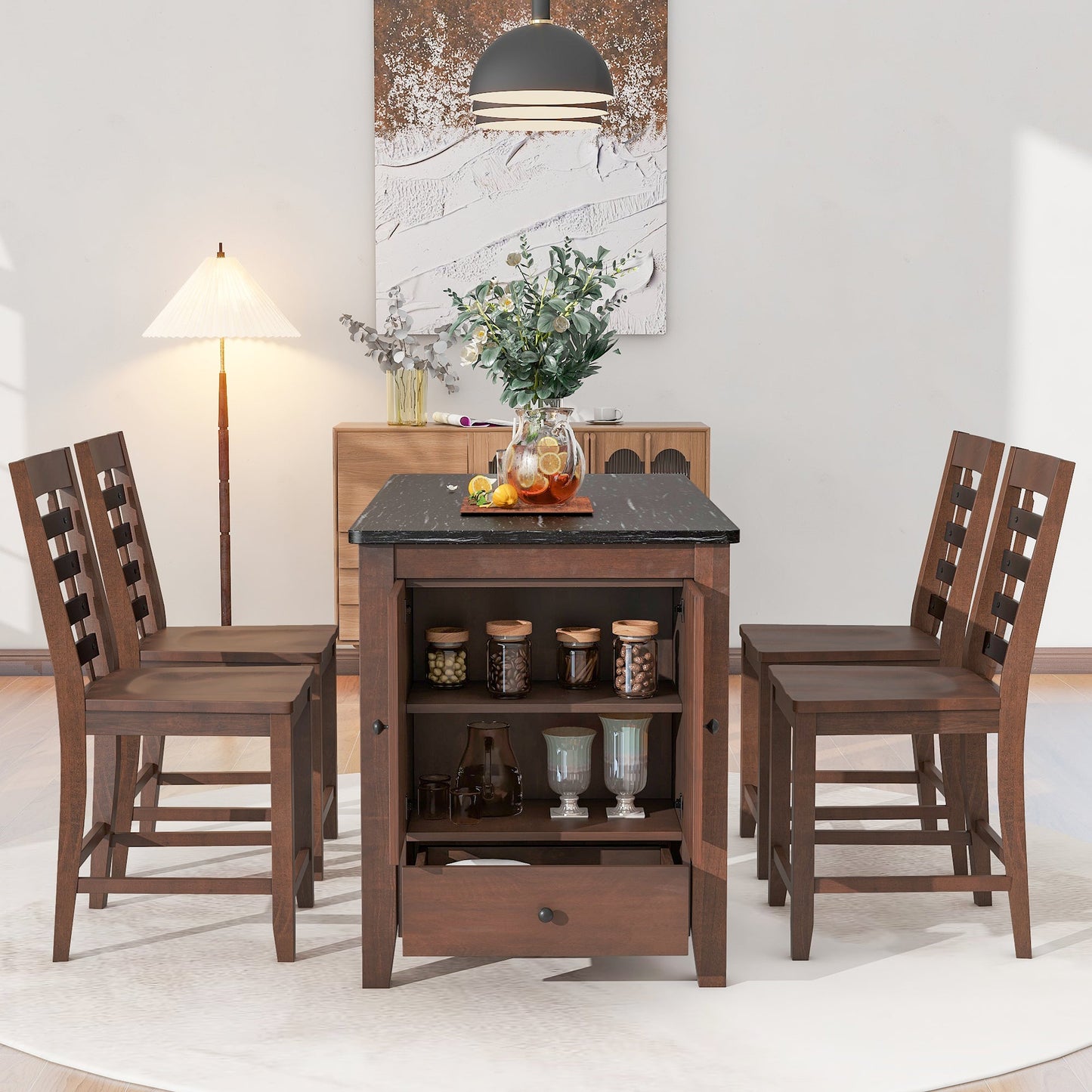 Counter Height 5-Piece Dining Table Set With Faux Marble Tabletop, Solid Wood Table Set With Storage Cabinet and Drawer