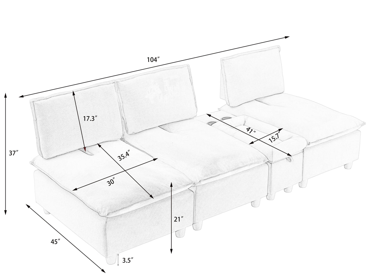 104-Inch Fashionable and Minimalist Straight-Row Three-Seater Off-White Flannel Sofa With a Storage Compartment, Cup Holder