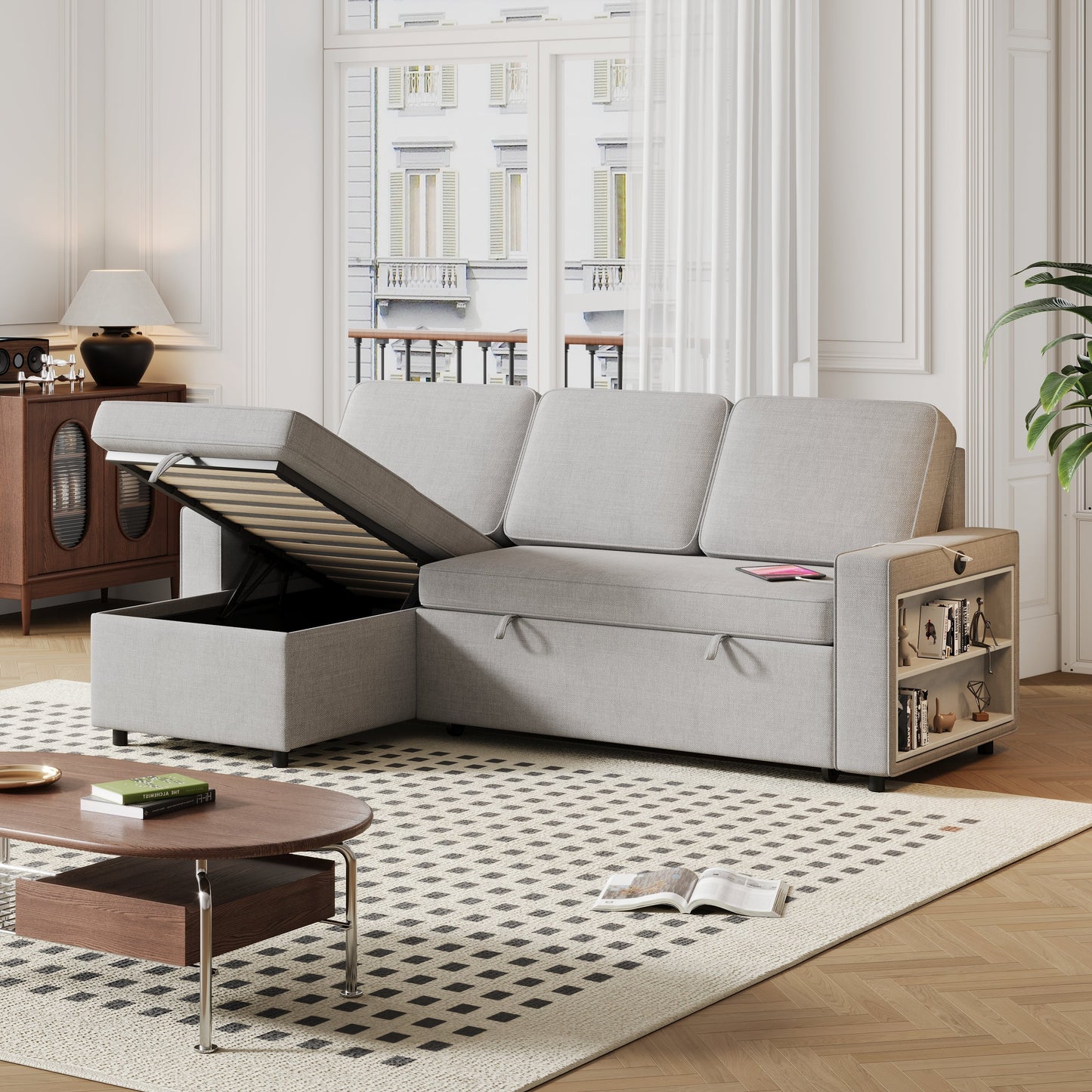85.8" Pull Out Sleeper Sofa L-Shaped Couch Convertible Sofa Bed With Storage Chaise and Storage Racks,With USB Port