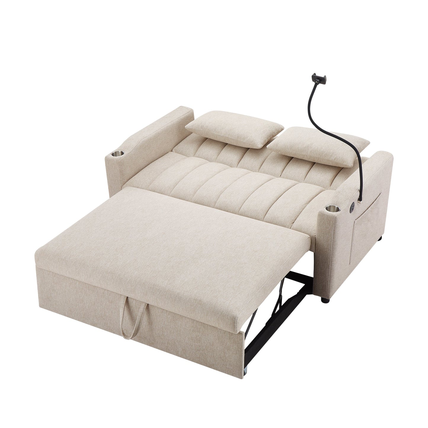 55.9" Convertible Sofa Bed Loveseat Sofa With Three USB Ports, Two Side Pockets, Two Cup Holders