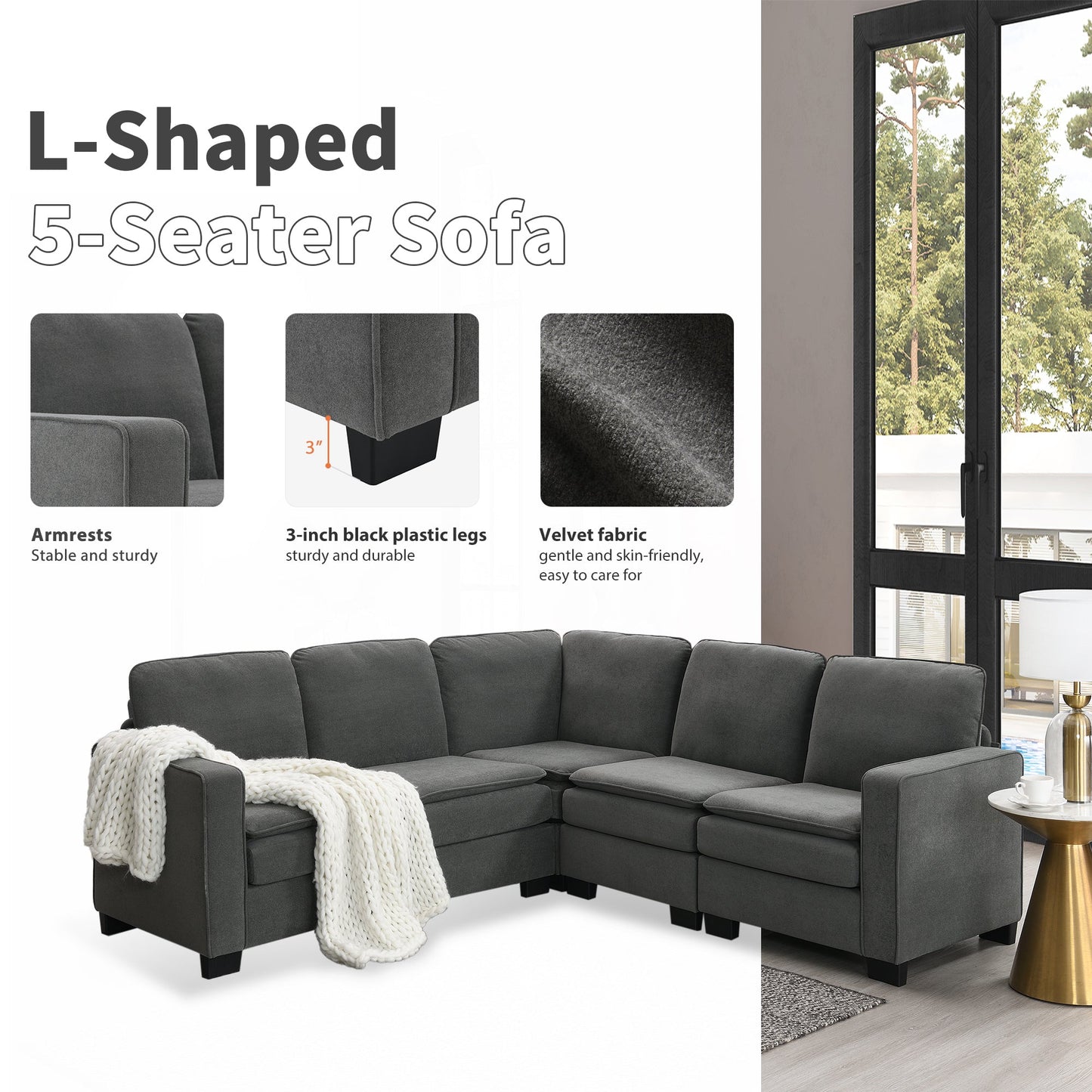 89*89" Oversized Velvet Modern Sectional Sofa,Large L Shaped Upholstered Indoor Furniture With Double Cushions,5 Seat