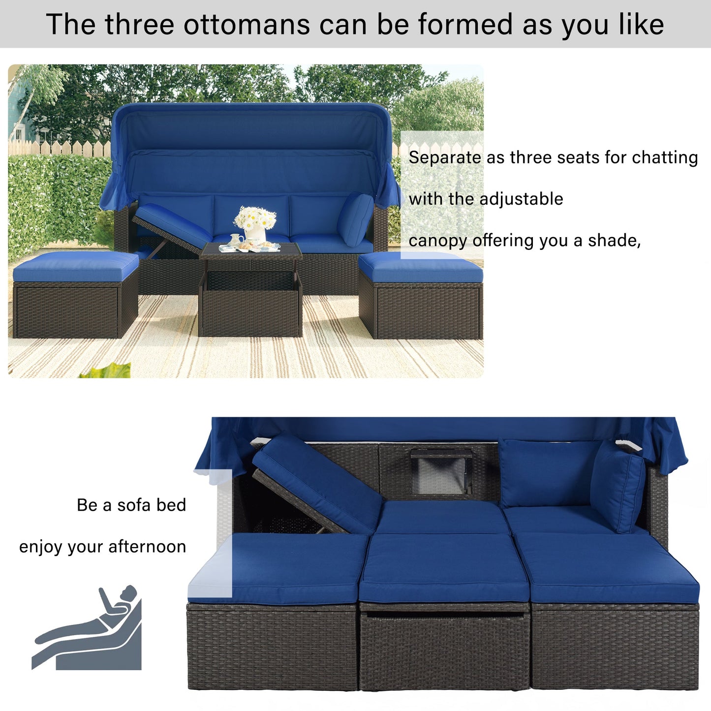 Outdoor Patio Rectangle Daybed With Retractable Canopy, Wicker Furniture Sectional Seating With Washable Cushions