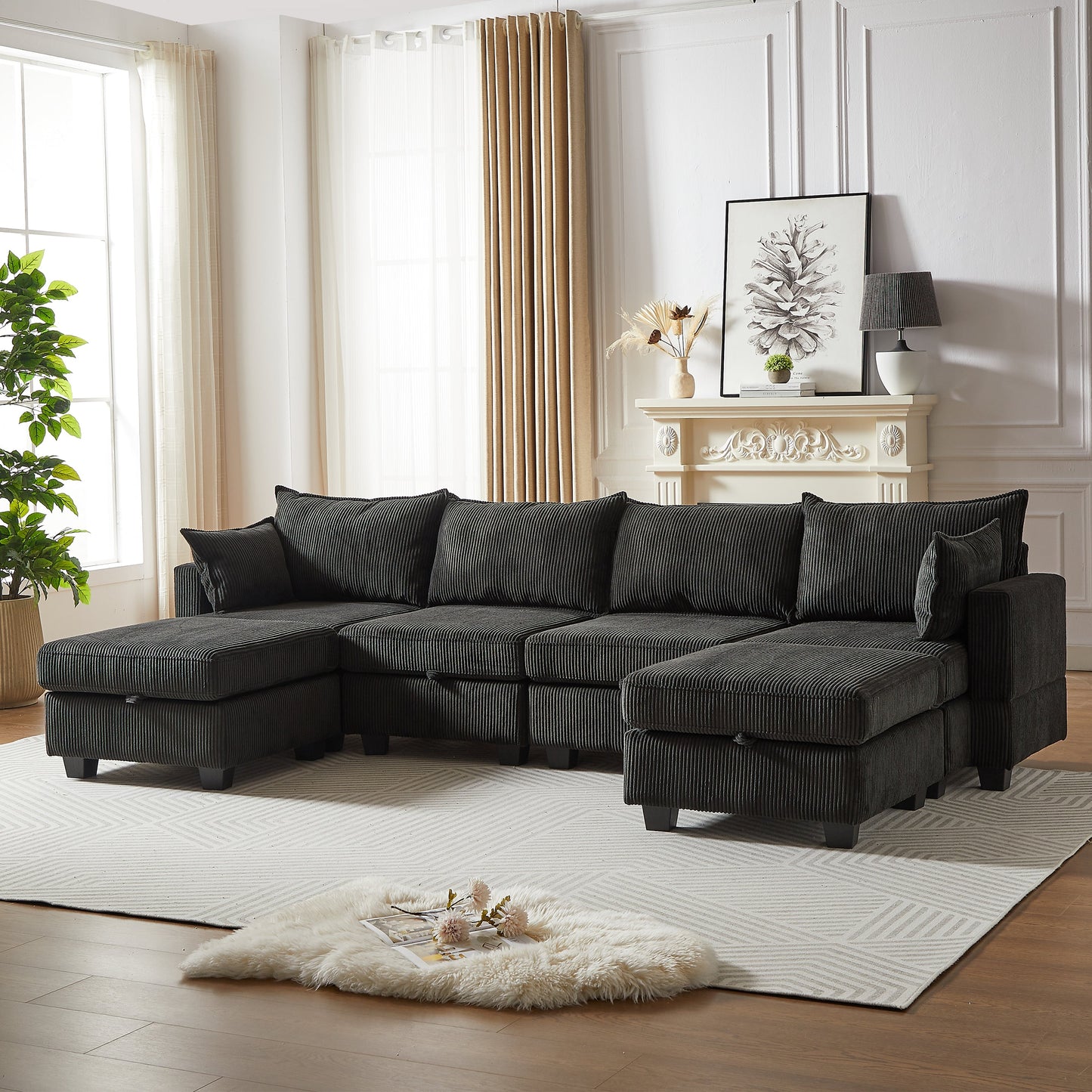 113.5'' Modular Sectiona Corduroy Sofa, Sectional Couches for Living Room U Shaped Sectional Couch With Storage Ottoman