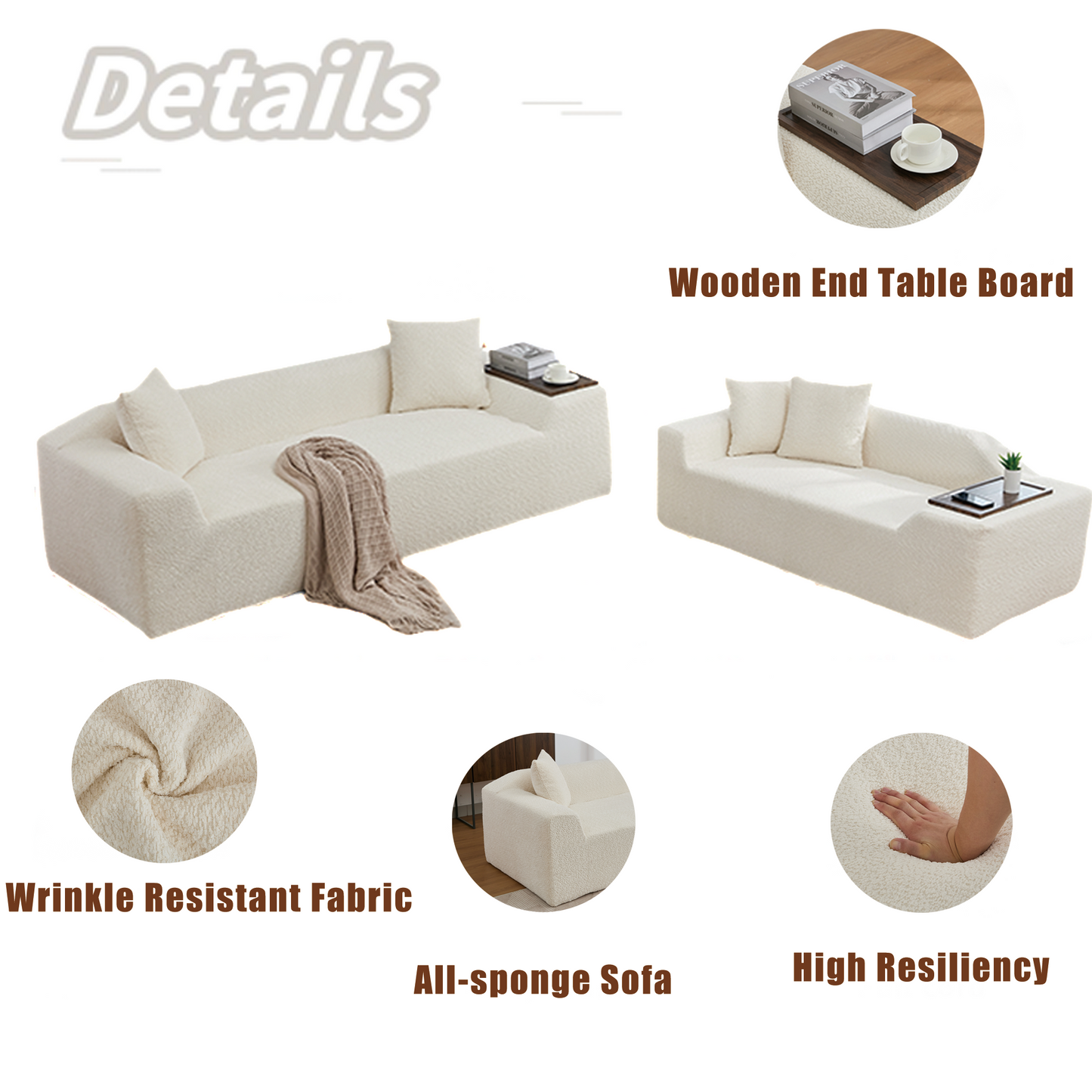 2 Piece Boucle Cloud Sofa Set, Upholstered Sofa Set, Modern 3 Seater and 2 Seater Sofa With MDF End Table for Living Room