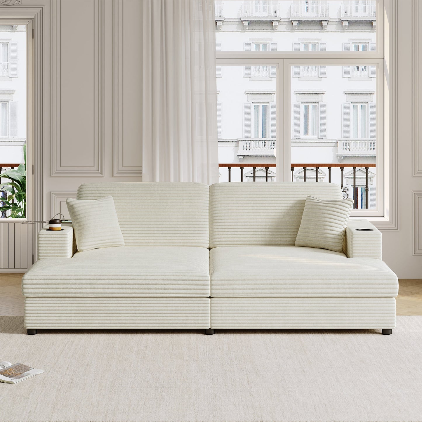 86.5" Oversized Loveseat Chaise Lounge Sectional Sofa Bed Corduroy Sleeper Sofa With Two USB Ports , Two Cup Holders