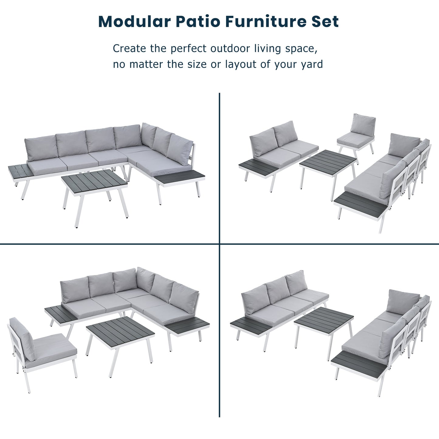 Industrial 5-Piece Aluminum Outdoor Patio Furniture Set, Modern Garden Sectional Sofa Set With End Tables, Coffee Table