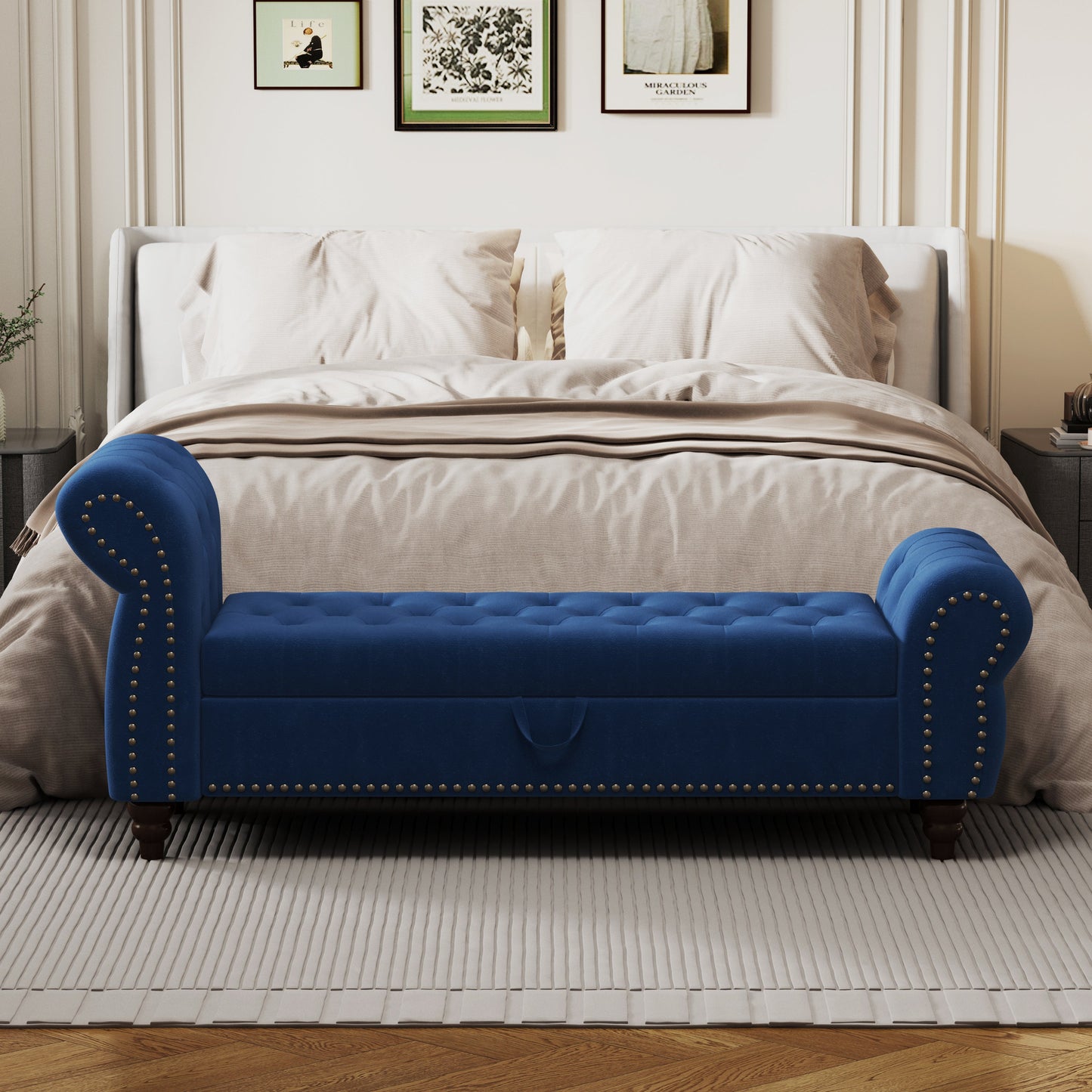 64.5" Bed Bench for Bed Room Nails Tufted Chaise of Lounge With Storage Velvet Upholstery Navy Blue