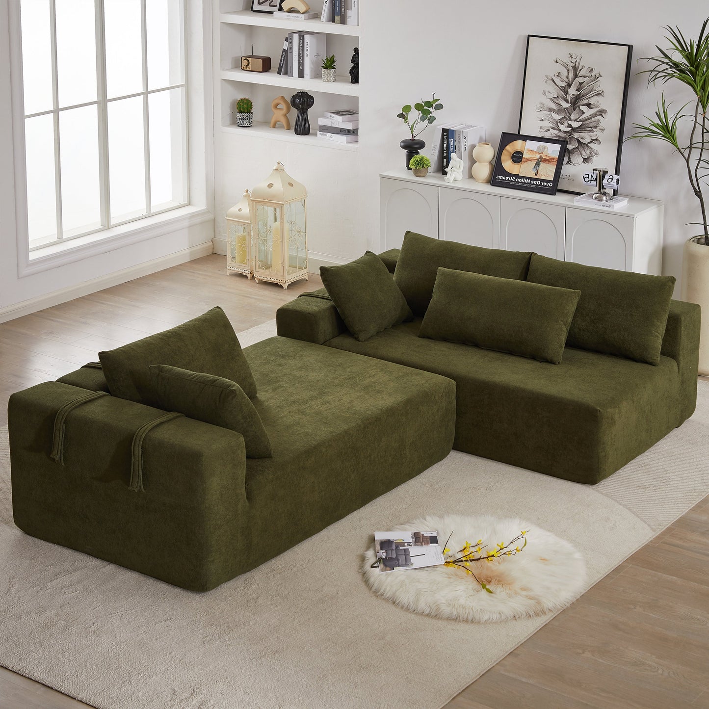 Modern Chenille Upholstered Sectional Sofa Couch Set,Modular 108" L Shaped Sectional Living Room Sofa Set With 6 Pillows