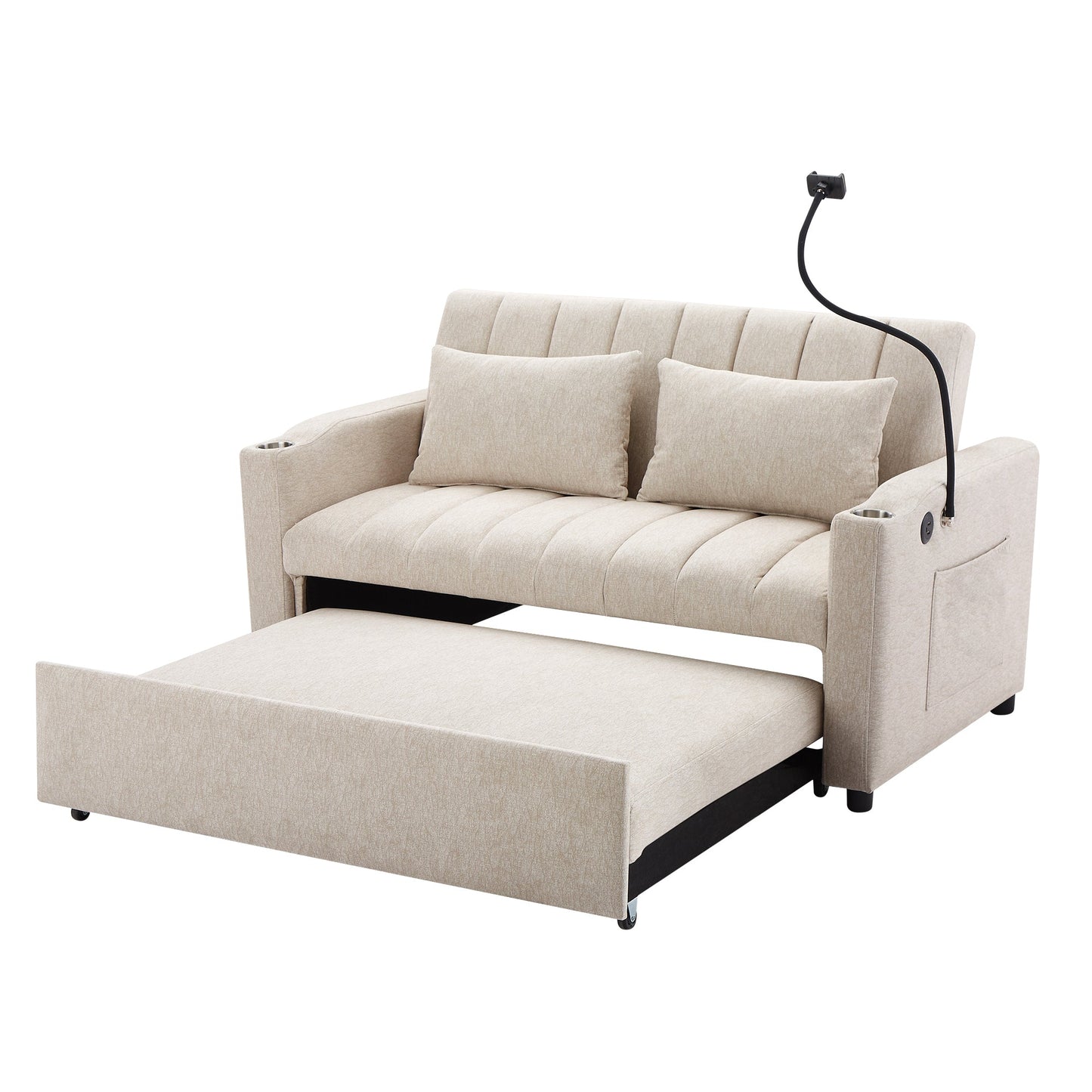 55.9" Convertible Sofa Bed Loveseat Sofa With Three USB Ports, Two Side Pockets, Two Cup Holders