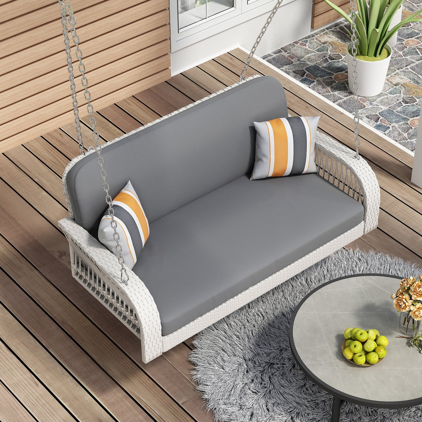 PE Wicker Porch Swing, 2-Seater Hanging Bench With Chains, Patio Furniture Swing for Backyard Garden Poolside