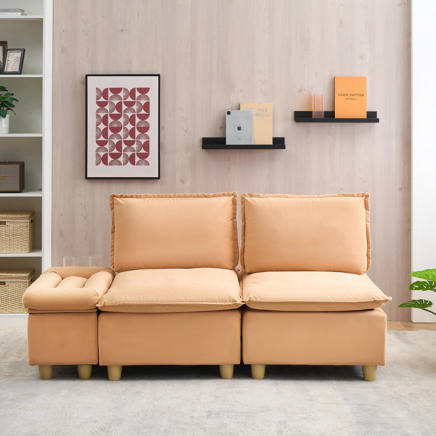 74-Inch Fashionable and Minimalist Double-Seater Pumpkin-Colored Flannel Sofa With Cup Holders, an Adjustable Backrest