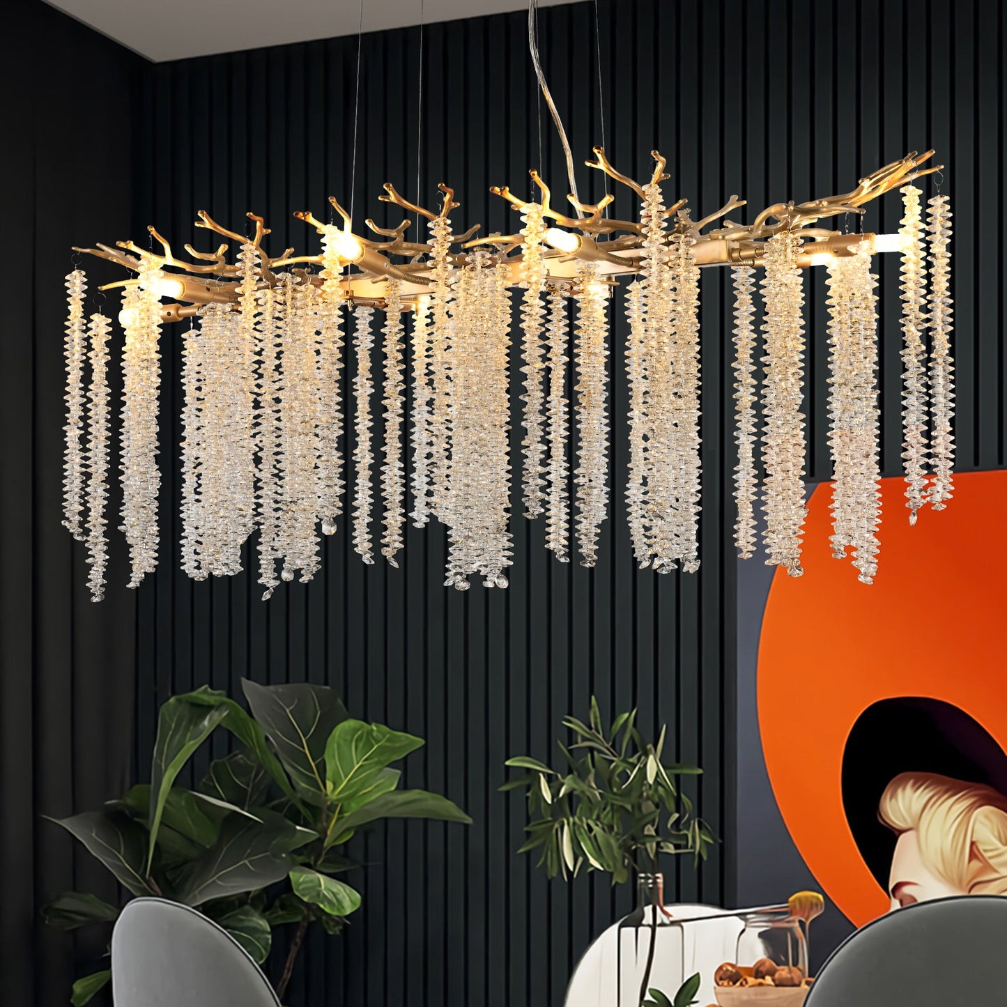 39.4-Inch Modern Golden Pendant Light With Cascading Crystal Strands, Ideal for Living Room, Dining Room and Foyer