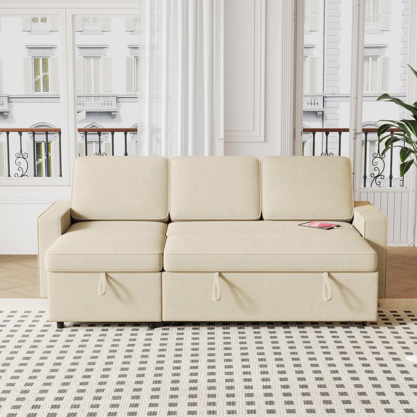 85.8" Pull Out Sleeper Sofa L-Shaped Couch Convertible Sofa Bed With Storage Chaise and Storage Racks,With USB Port