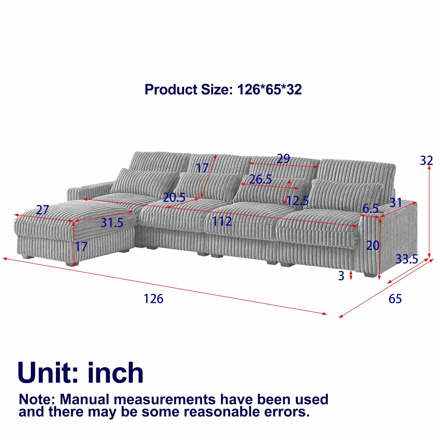 126-Inch Corduroy With Cup Holder Super Large L-Shaped Sofa, Movable Footrest, Four Waist Pillows and Four Back Cushion