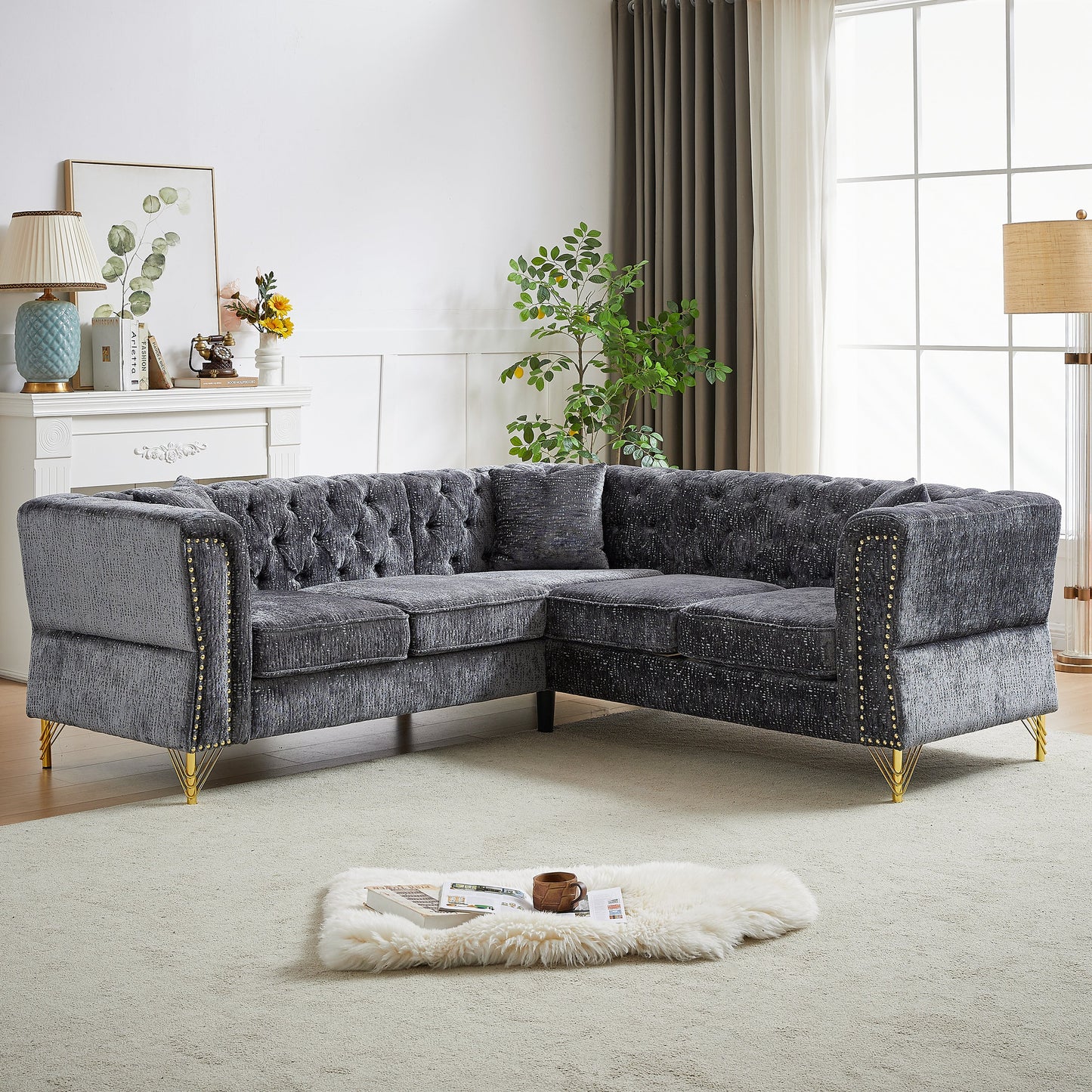 81.5-Inch Chenille Corner Sofa , L-Shaped Sectional Couch, 5-Seater Corner Sofas With 3 Cushions for Living Room, Bedroom