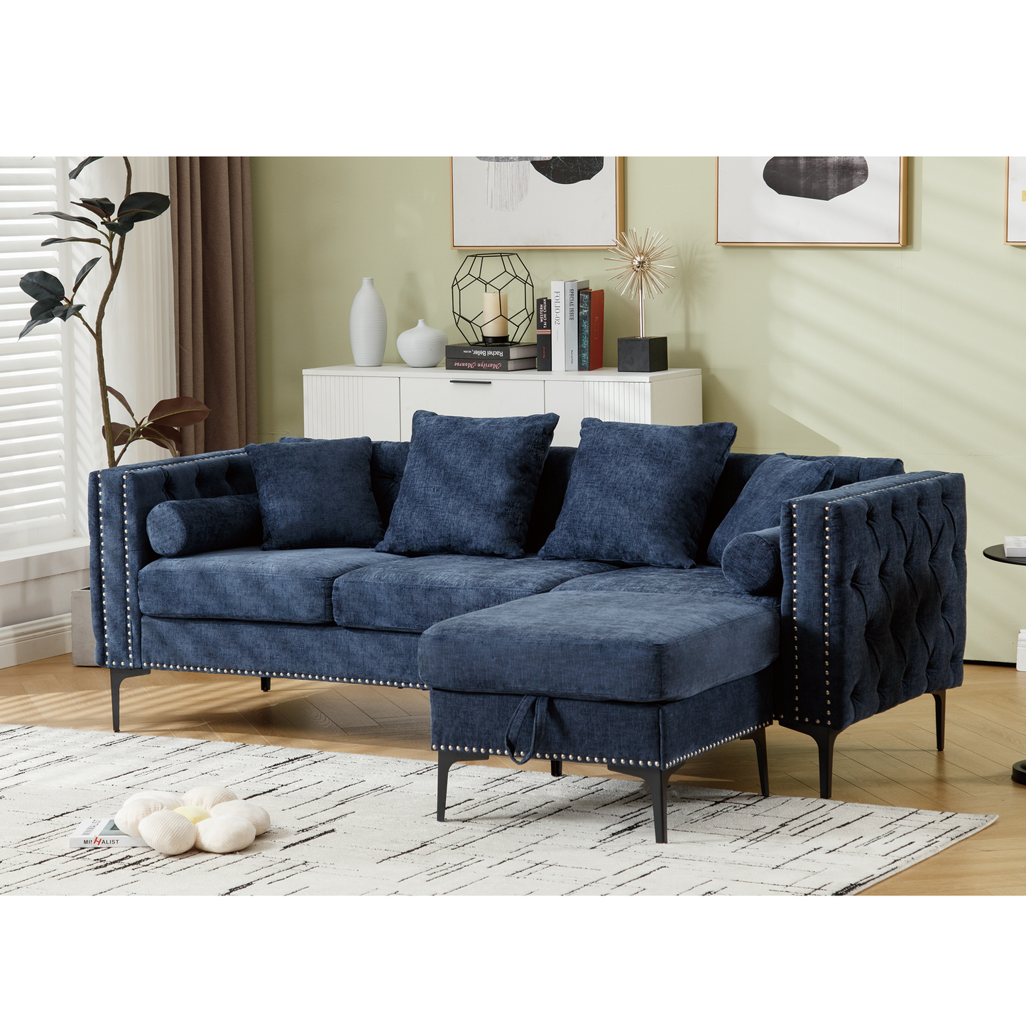 L Shaped Sectional Sofa , Convertible Storage Ottoman,Chenille ,Square Arm, Modern Tufted Couch ,3 Seater