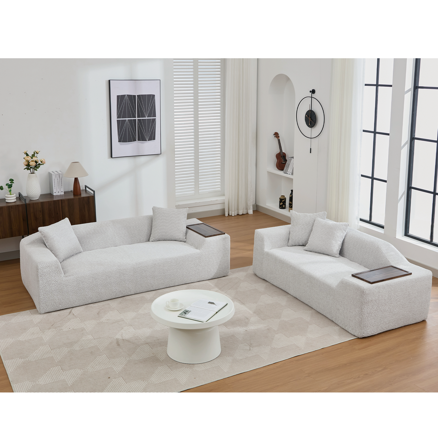 2 Piece Boucle Cloud Sofa Set, Upholstered Sofa Set, Modern 3 Seater and 2 Seater Sofa With MDF End Table for Living Room