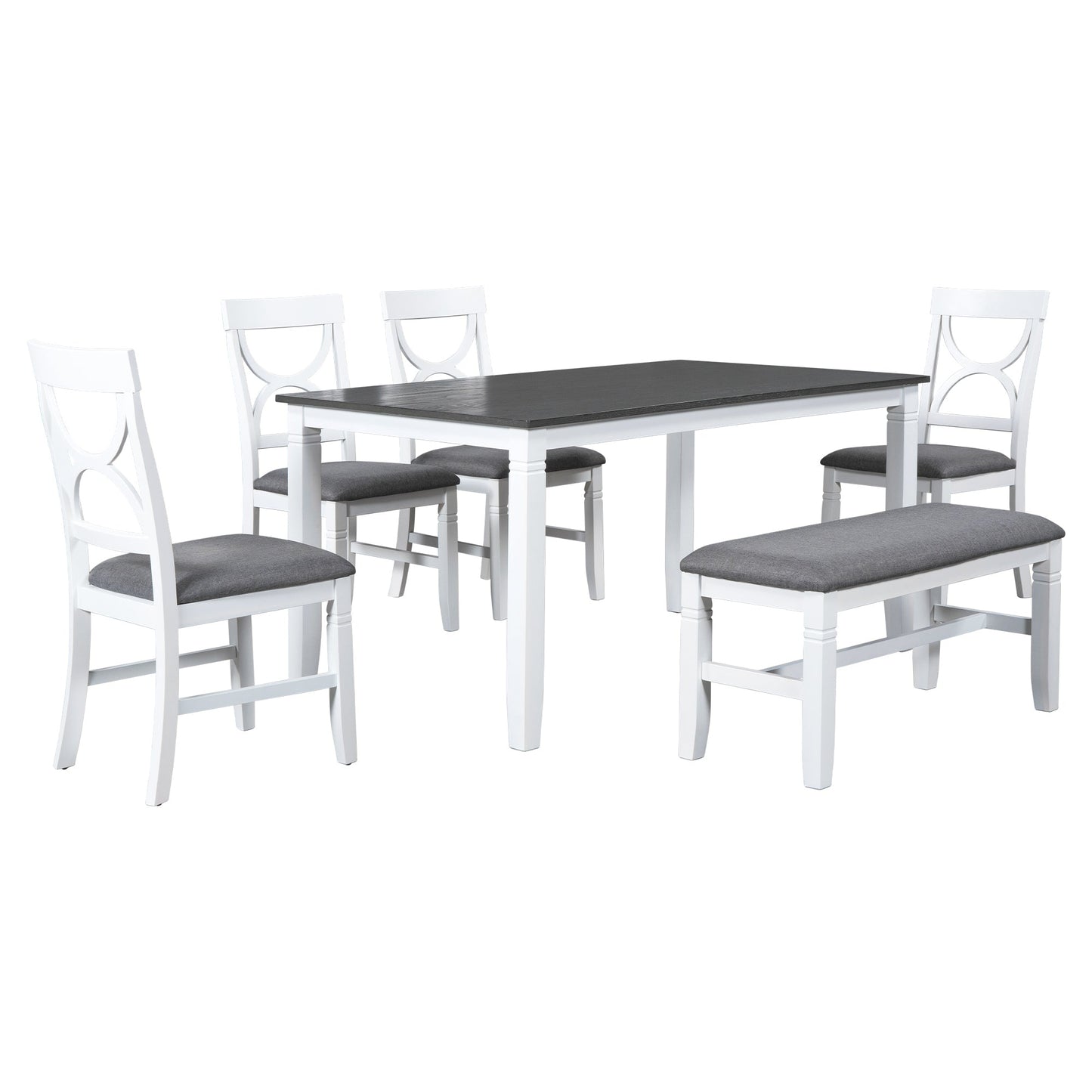 6-Piece Wood Dining Table Set Kitchen Table Set With Upholstered Bench and 4 Dining Chairs, Farmhouse Style,Gray+White