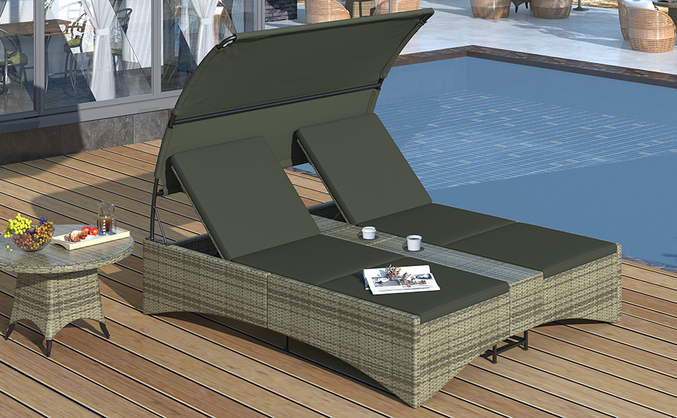 Patio Daybed Outdoor Daybed Outdoor Rattan Sun Lounger With Shelter Roof With Adjustable Backrest, Storage Box