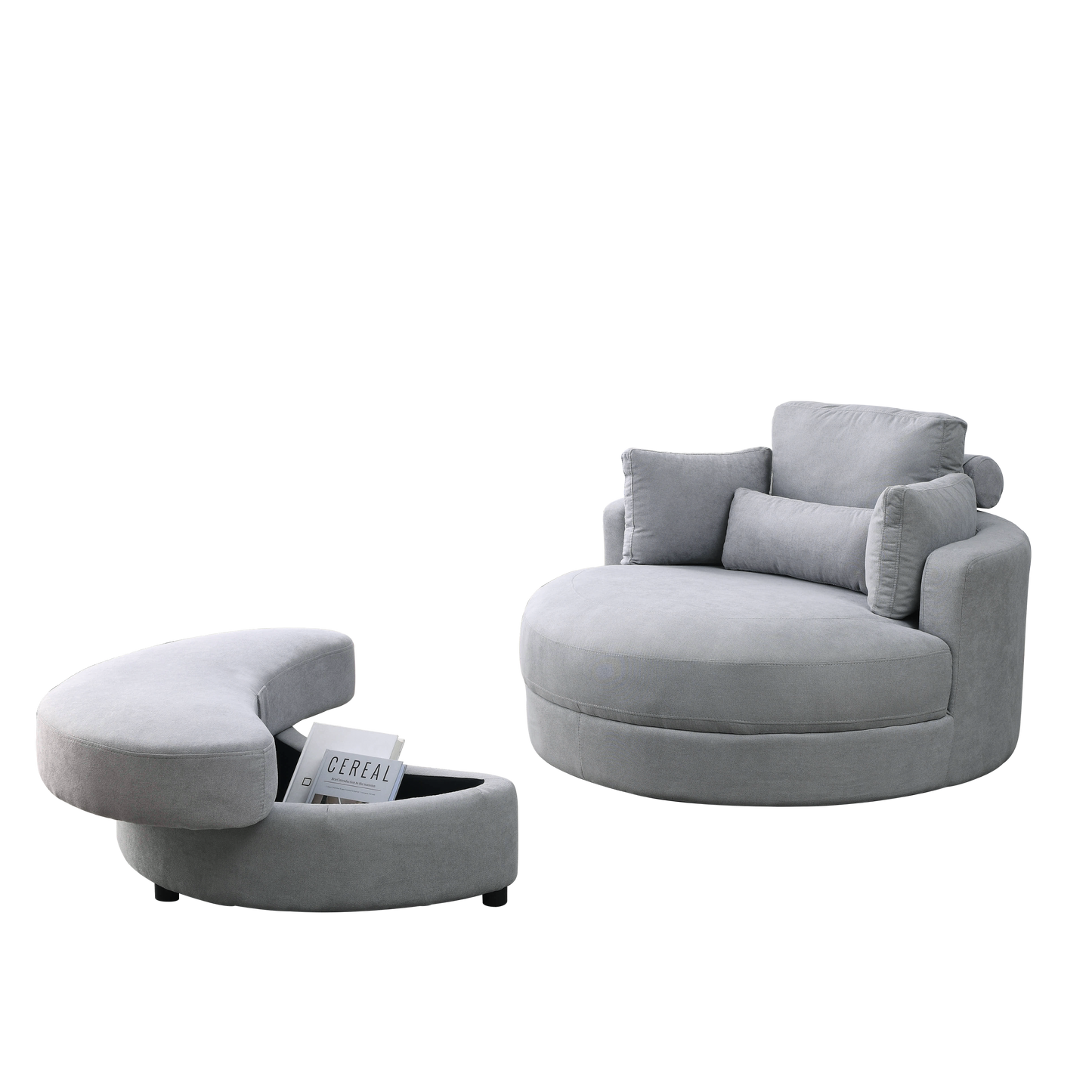 Swivel Accent Barrel Modern Grey Sofa Lounge Club Big Round Chair With Storage Ottoman Linen Fabric for Living Room