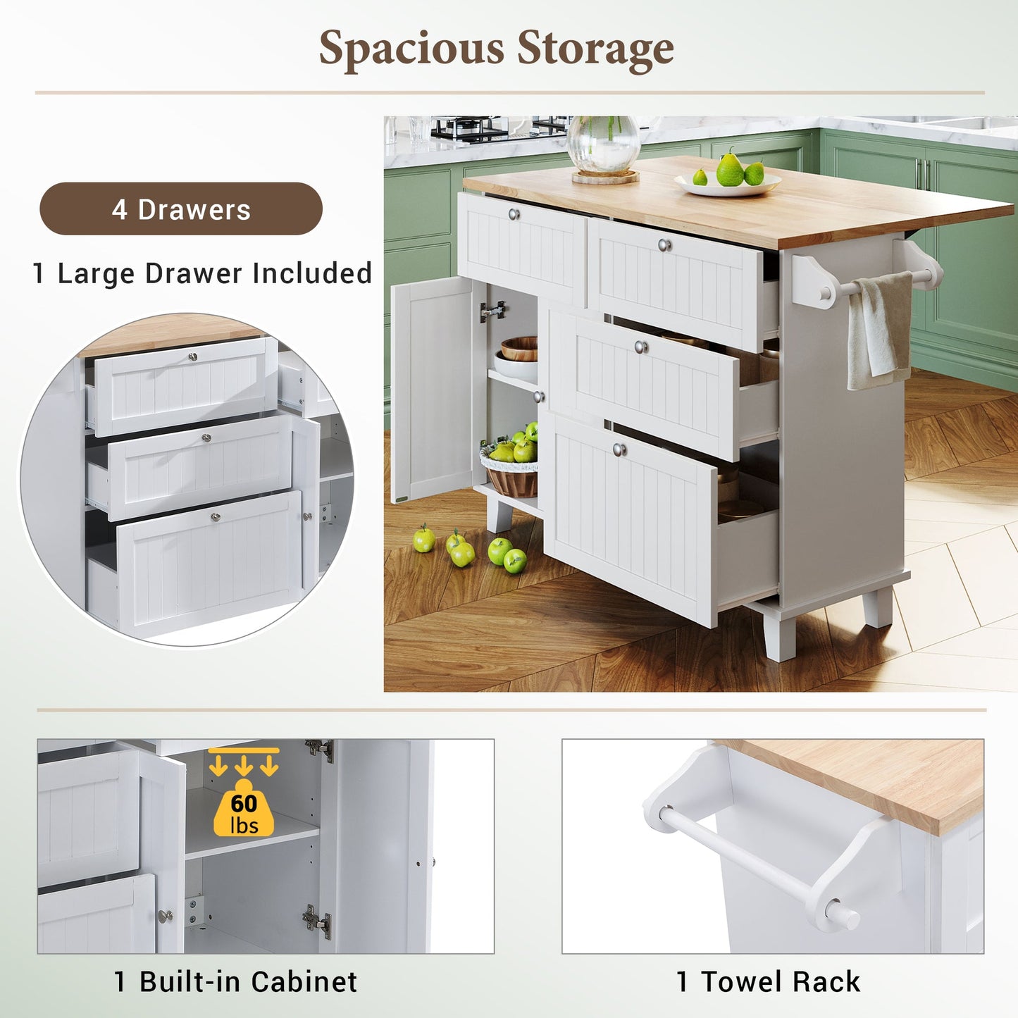 Farmhouse Kitchen Island Set With Drop Leaf and 2 Seatings,Dining Table Set With Storage Cabinet, Drawers and Towel Rack
