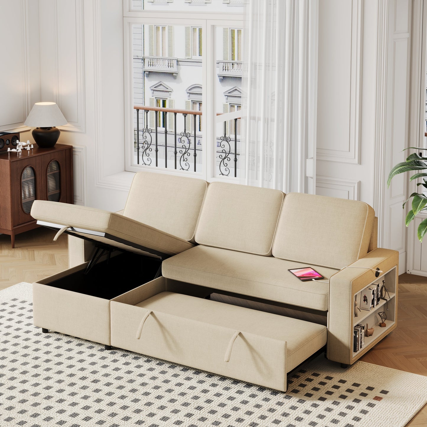 85.8" Pull Out Sleeper Sofa L-Shaped Couch Convertible Sofa Bed With Storage Chaise and Storage Racks,With USB Port